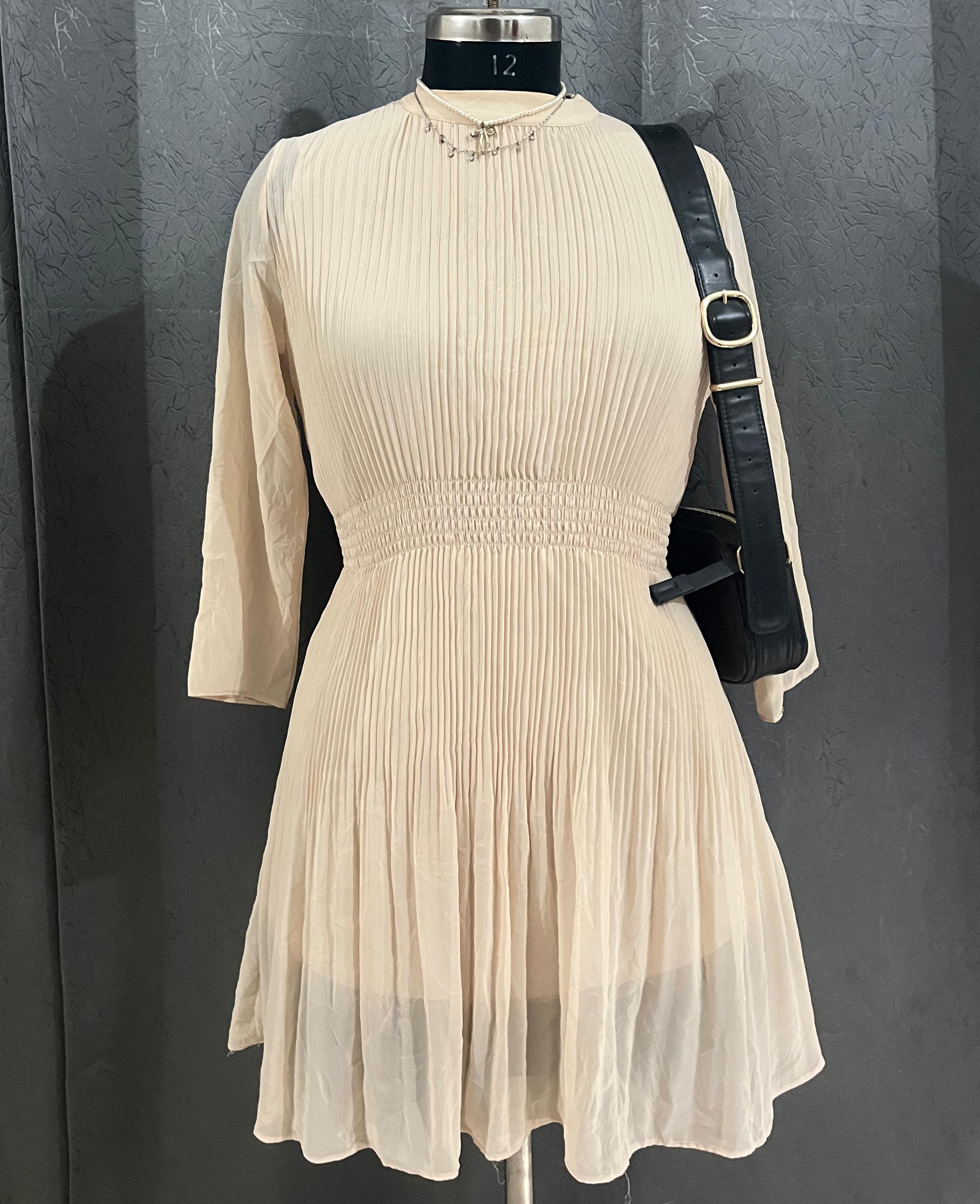 Beige Pleated Mini Dress – Chic & Elegant Style