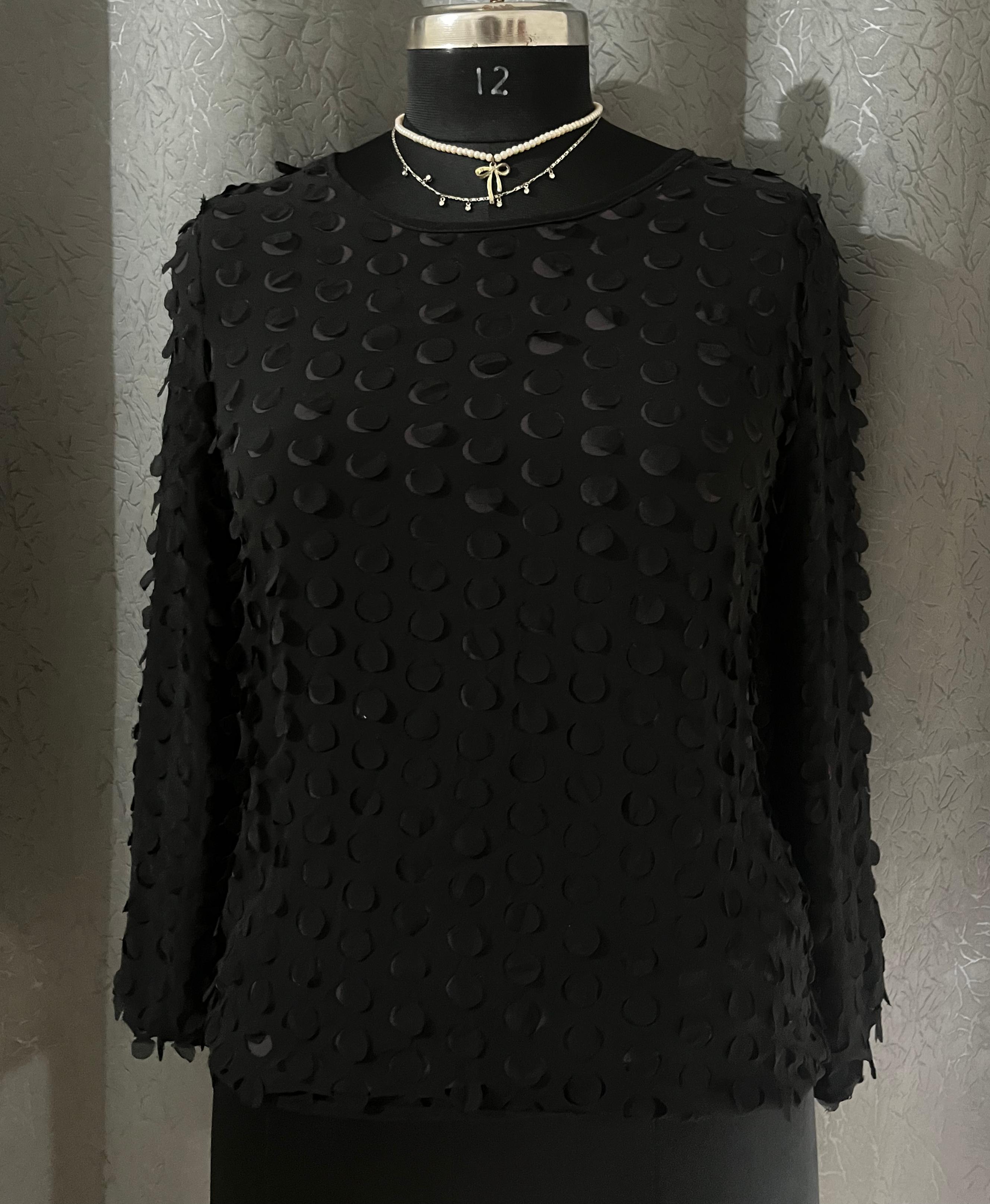 Textured Black Polka Dot Sheer Blouse (Size M)