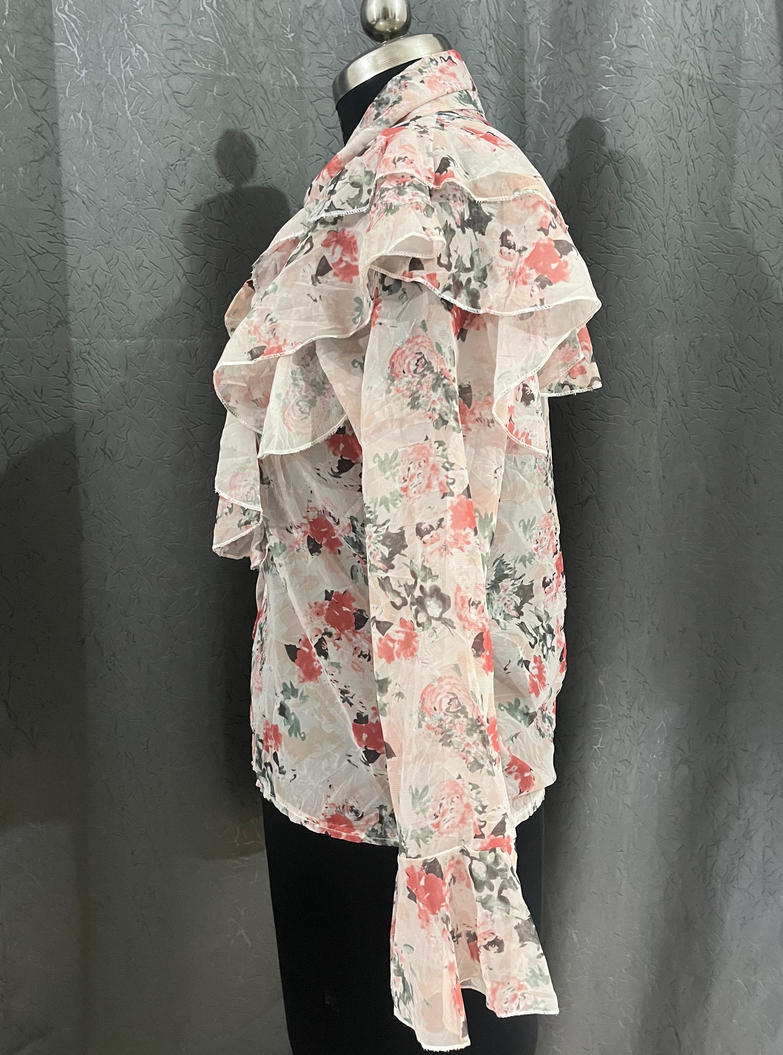Vintage Floral Ruffle Blouse – Size M