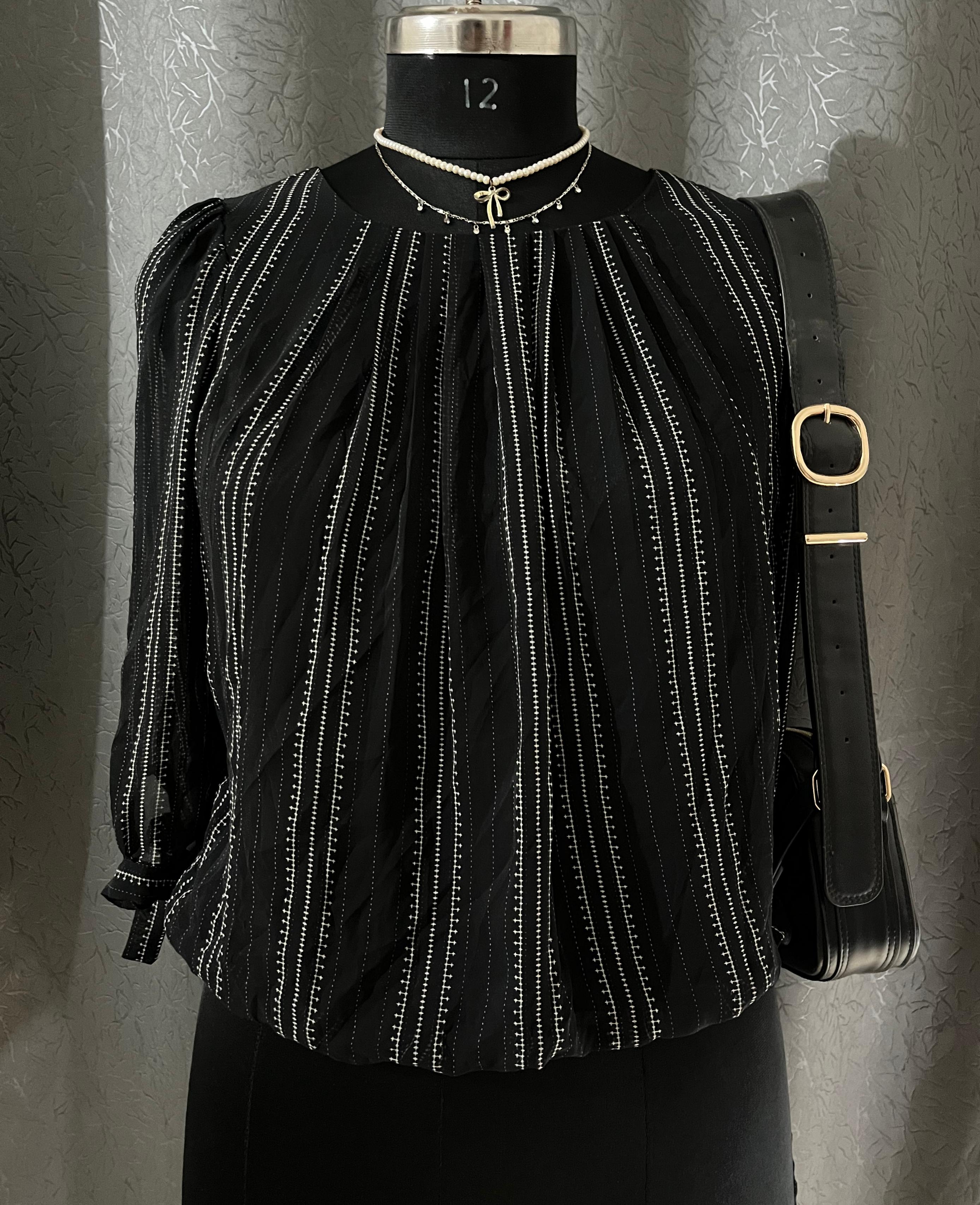 Chic Black Striped Blouse with Shoulder Bag – Size M