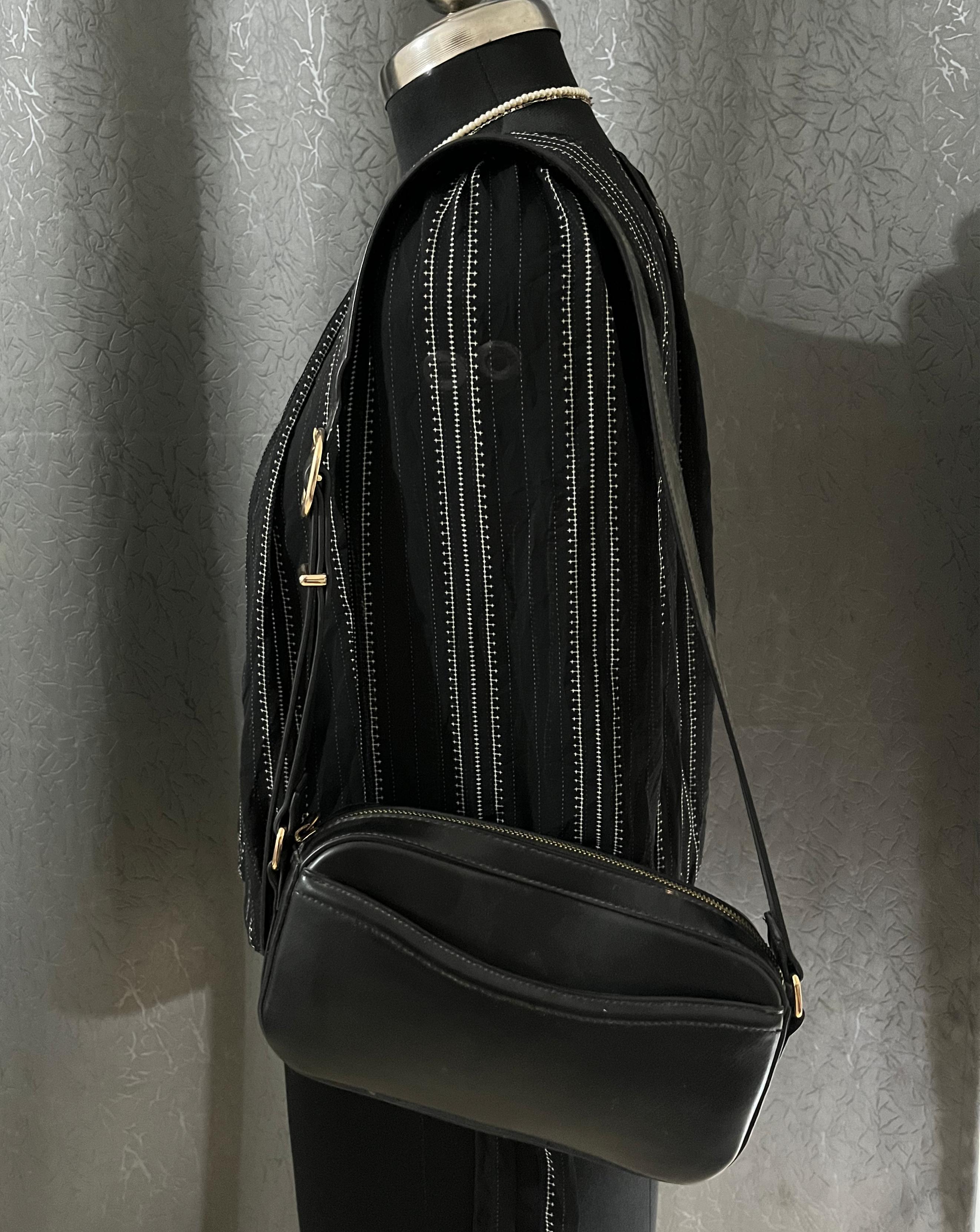 Chic Black Striped Blouse with Shoulder Bag – Size M