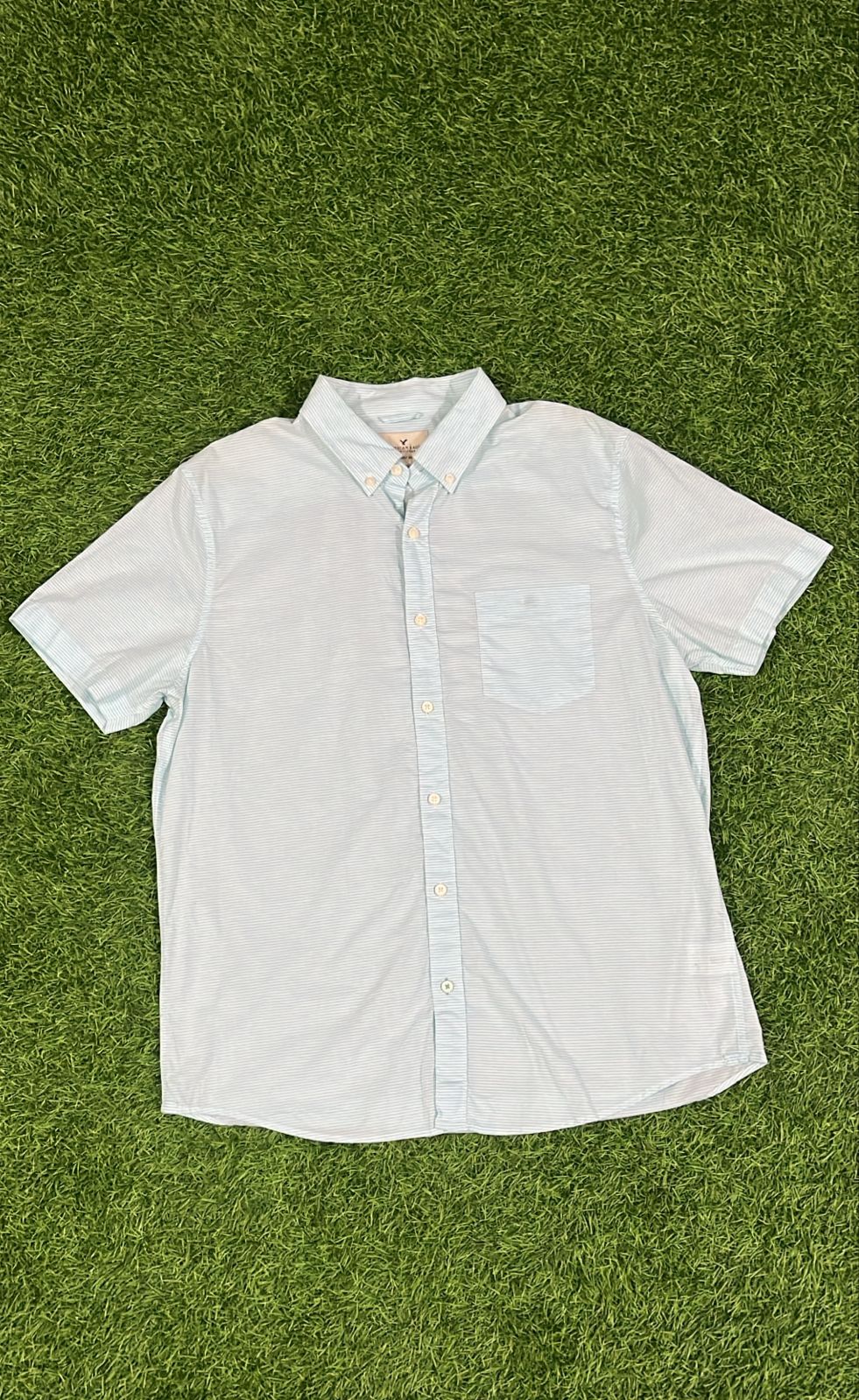 American Eagle Outfitters "Seriously Soft" Striped Button-Down Shirt – Aqua Blue