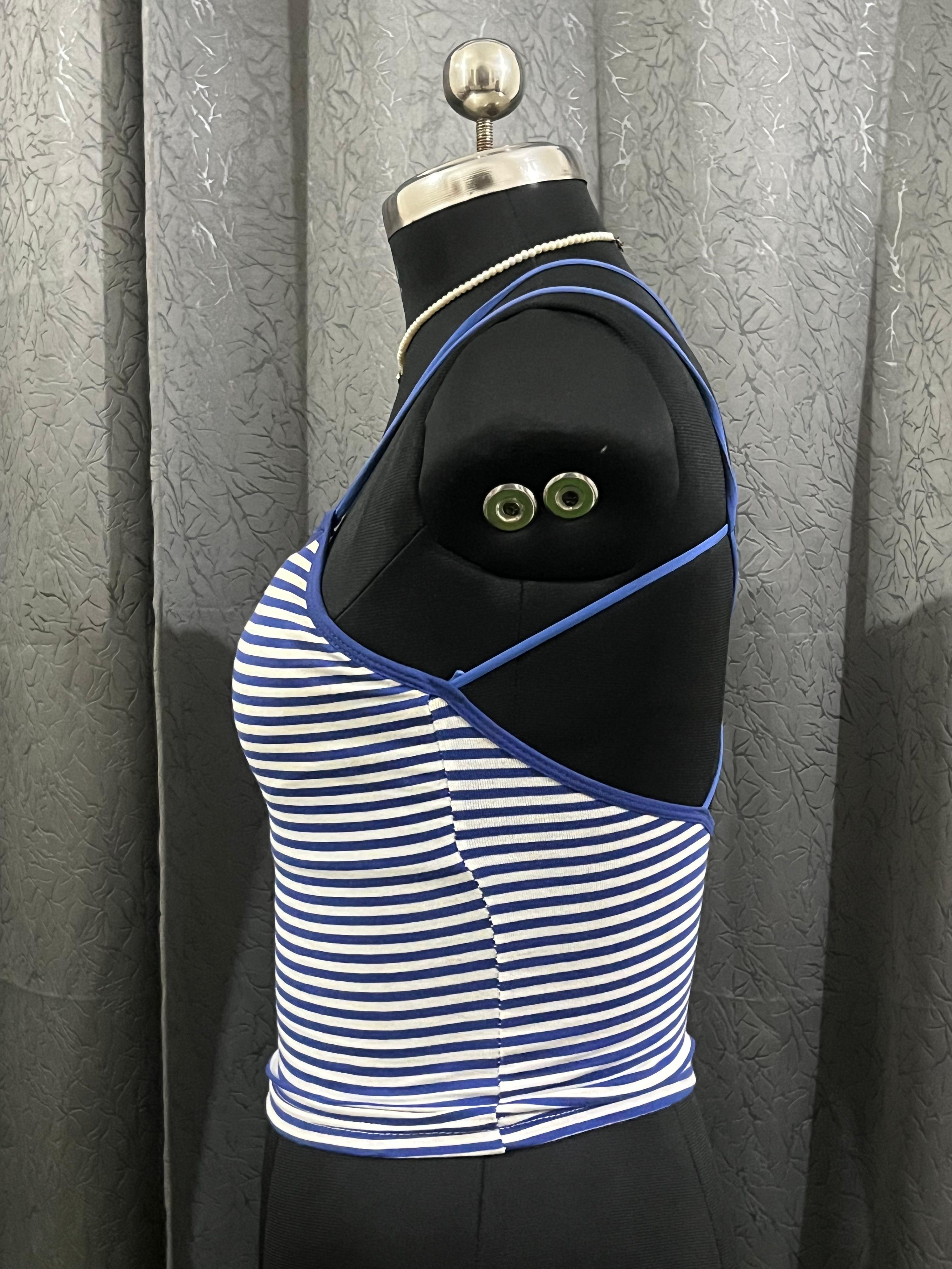Blue & White Striped Cami Top with Criss-Cross Back – Size M