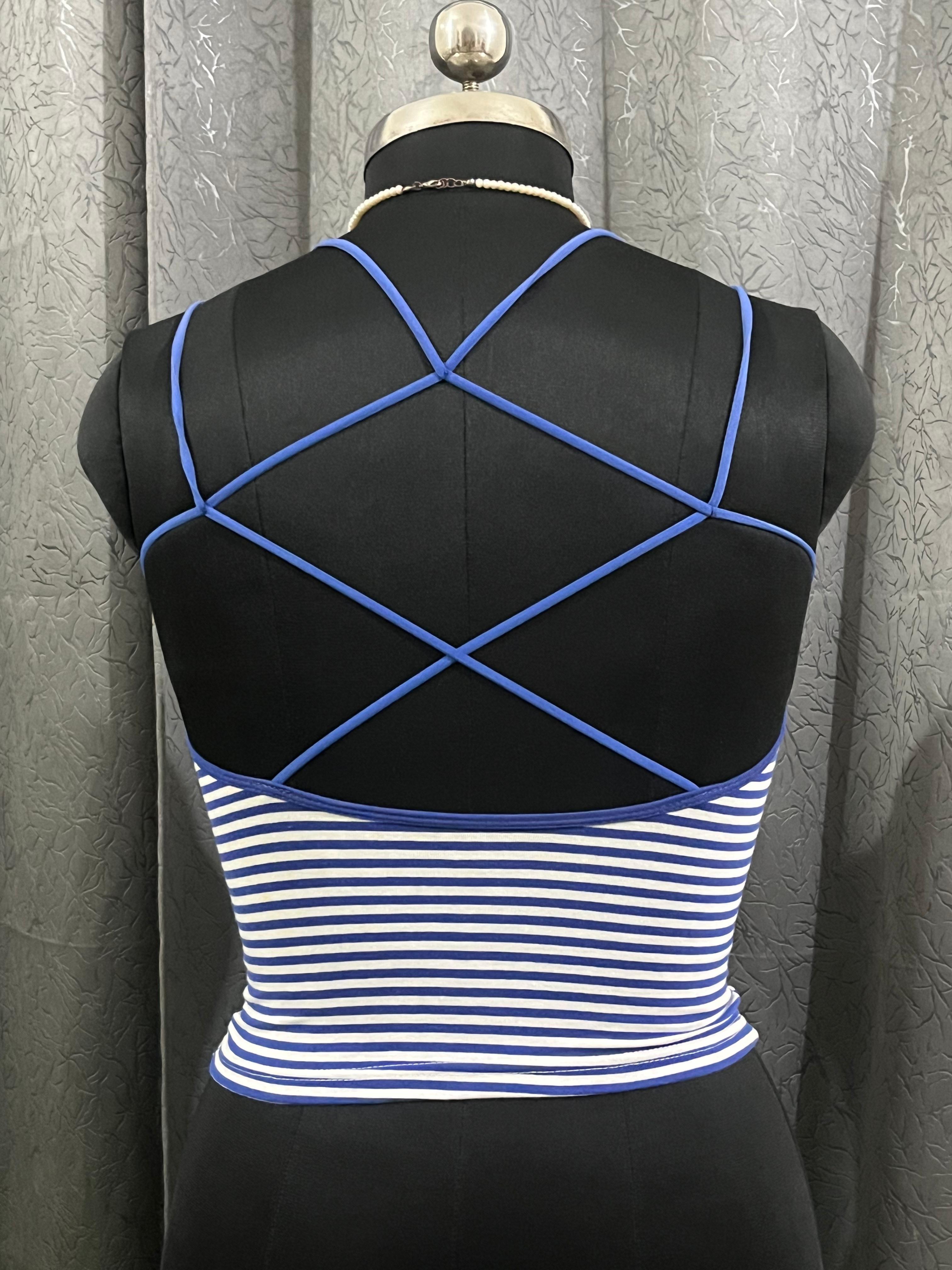 Blue & White Striped Cami Top with Criss-Cross Back – Size M