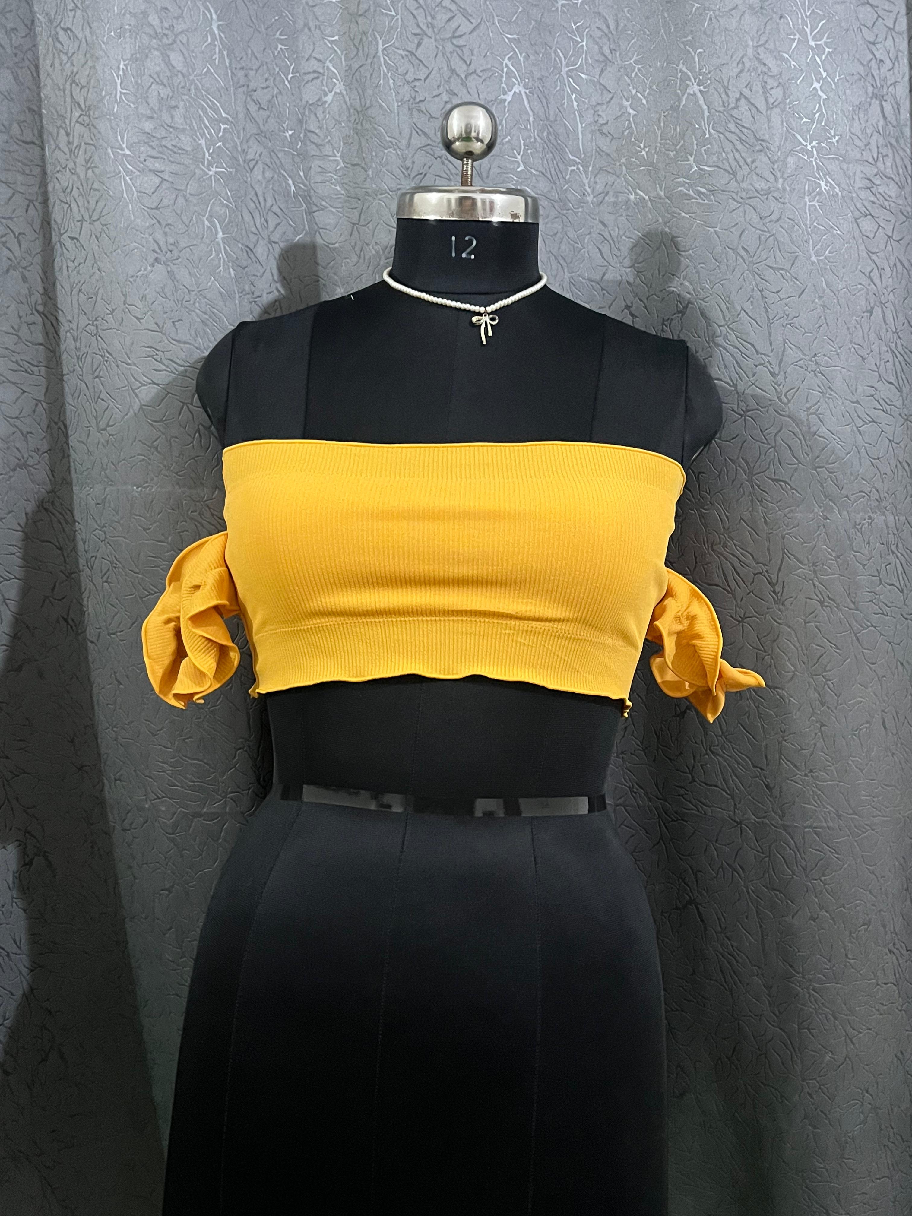 Yellow Off-Shoulder Bandeau Crop Top with Tie-Up Sleeves – Size M