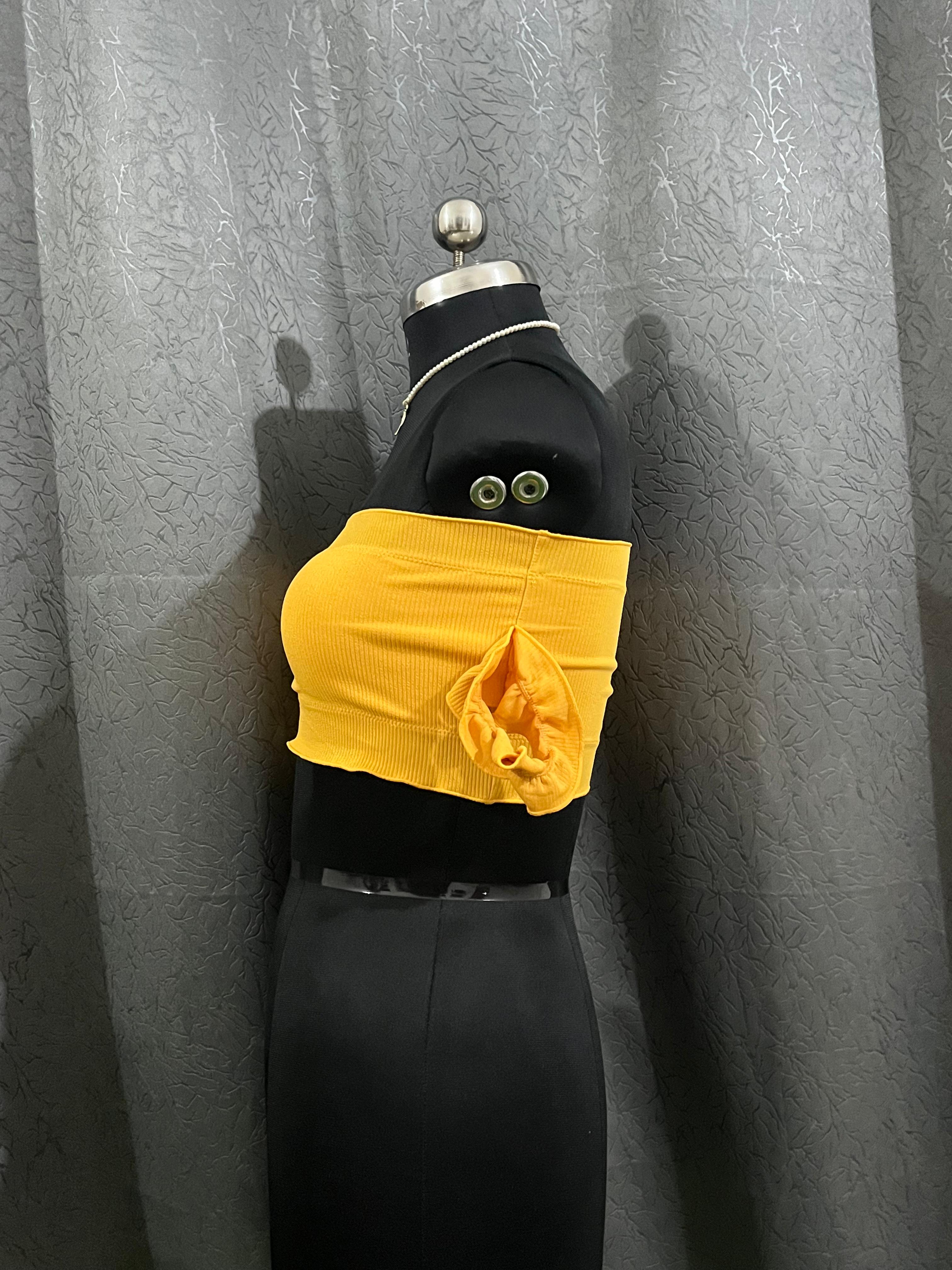 Yellow Off-Shoulder Bandeau Crop Top with Tie-Up Sleeves – Size M