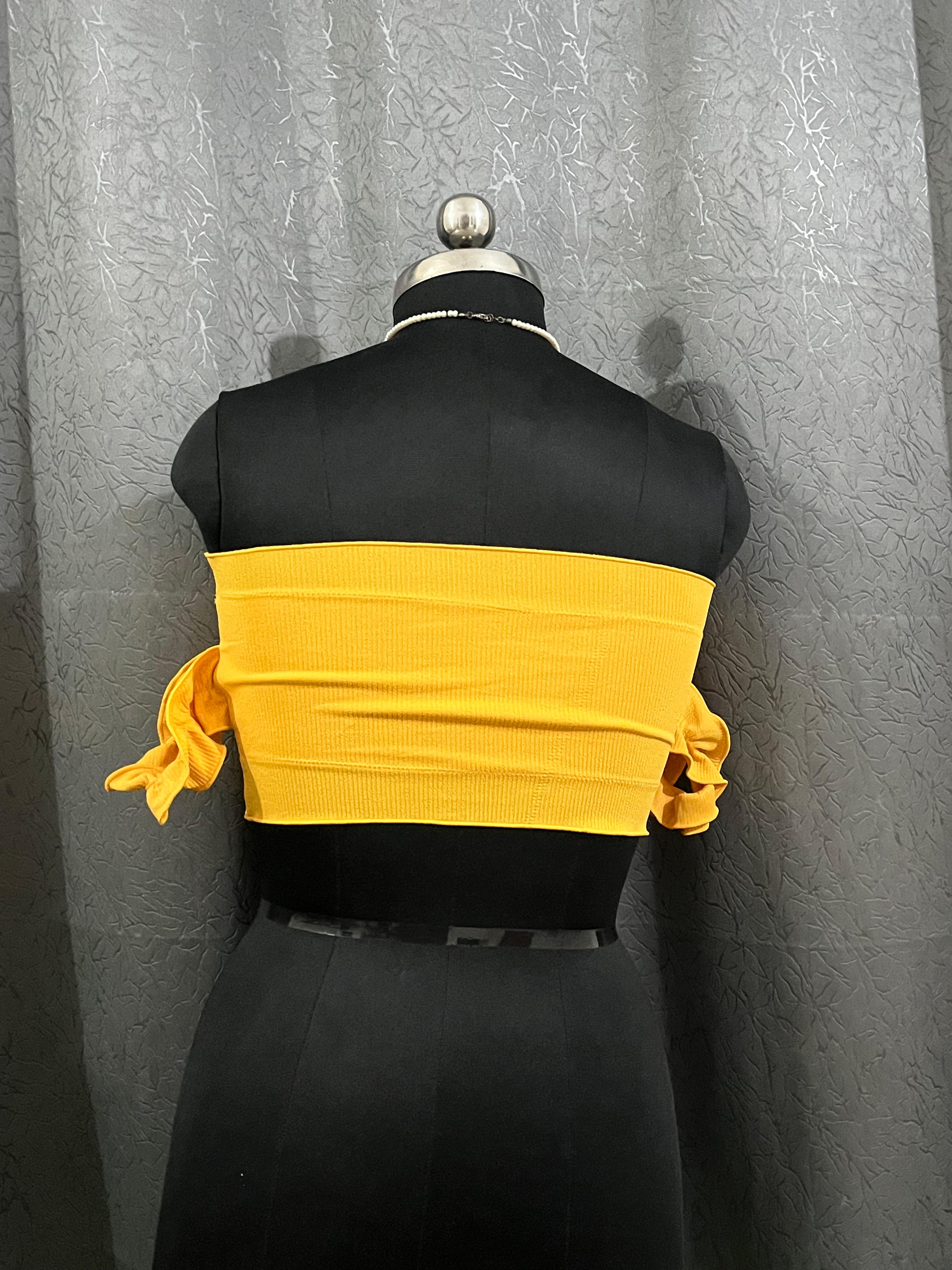 Yellow Off-Shoulder Bandeau Crop Top with Tie-Up Sleeves – Size M