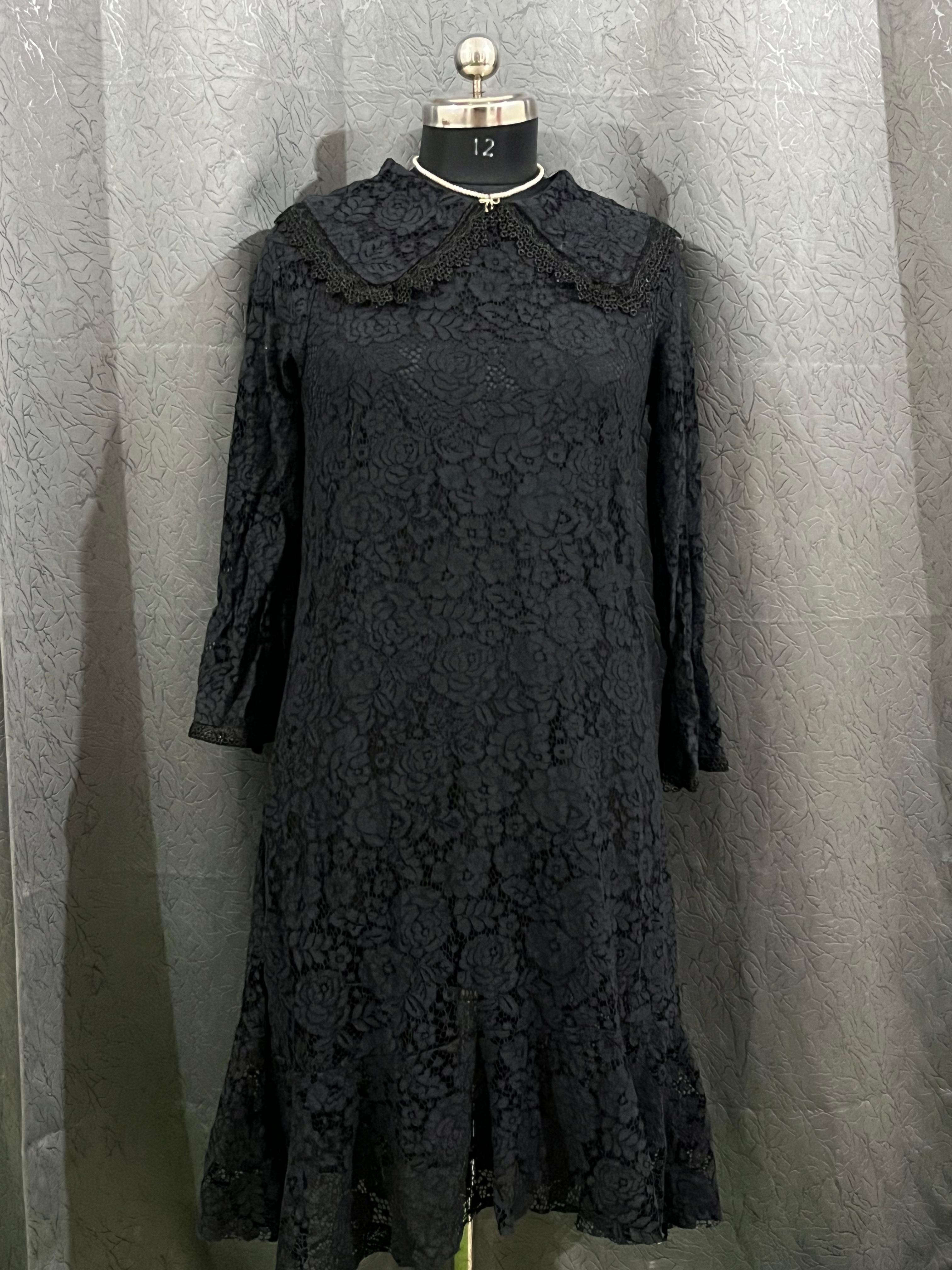 Vintage Black Lace Midi Dress (Size L)