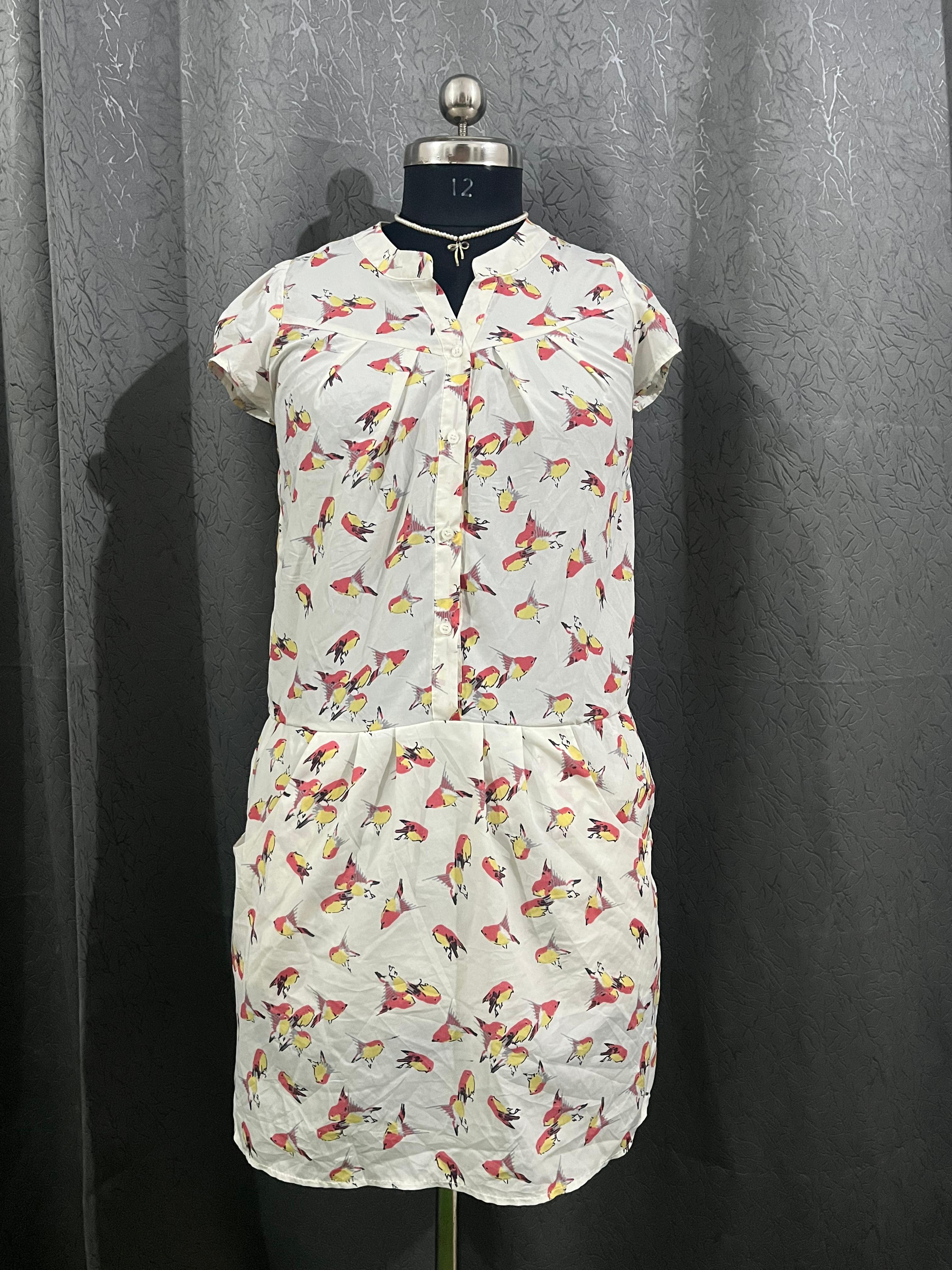 Playful Bird Print Dress with Contrast Back (Size L)