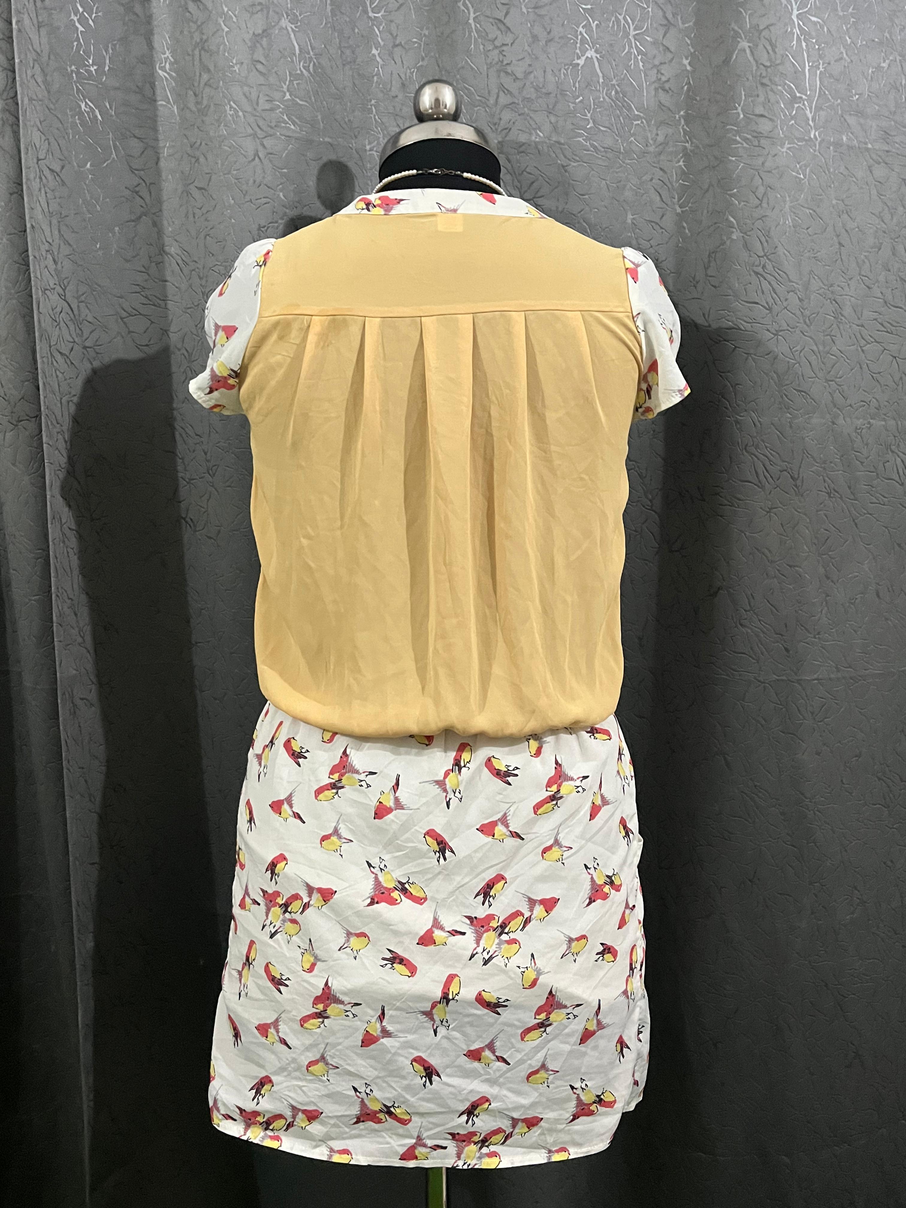 Playful Bird Print Dress with Contrast Back (Size L)