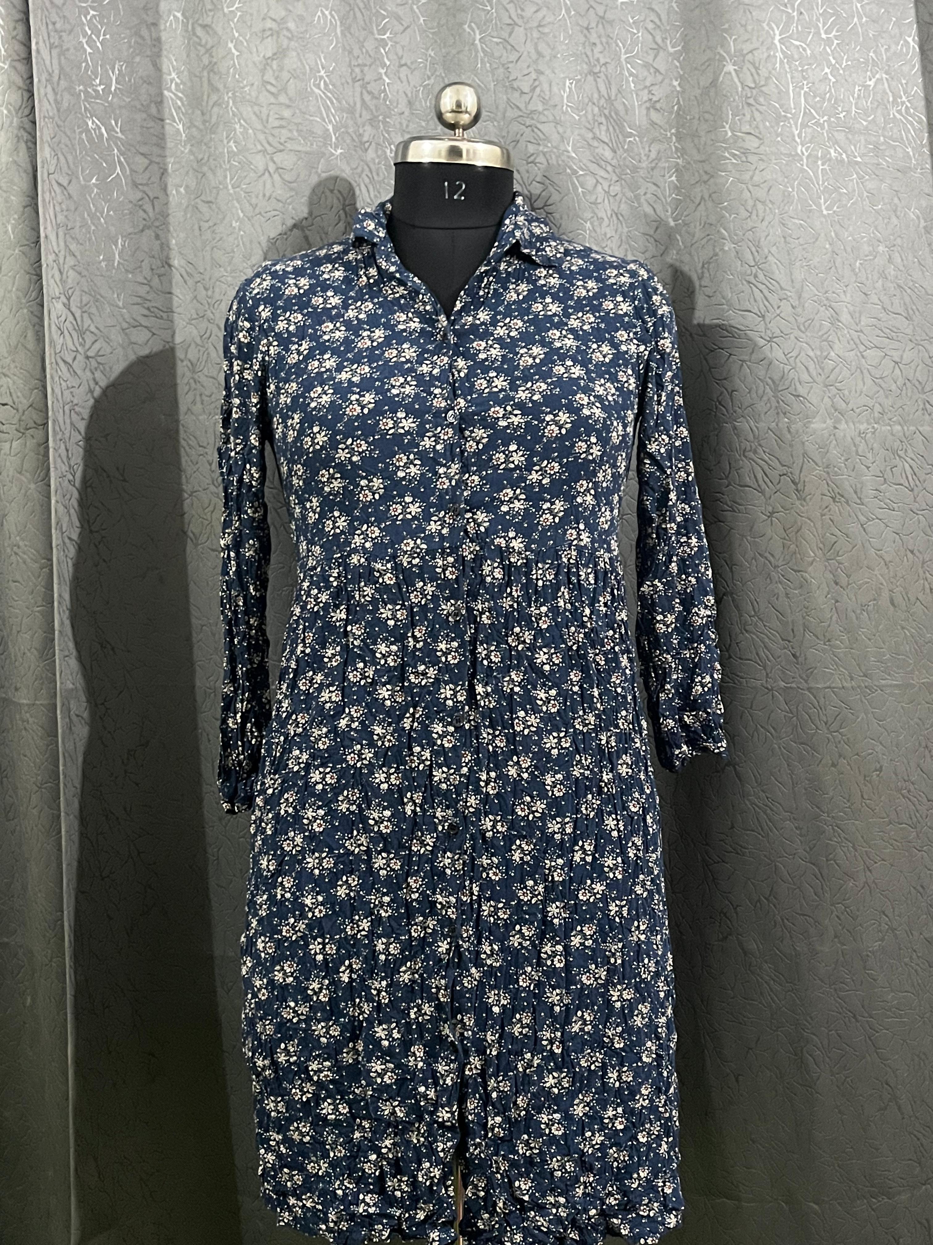 Navy Floral Button-Down Dress (Size L)
