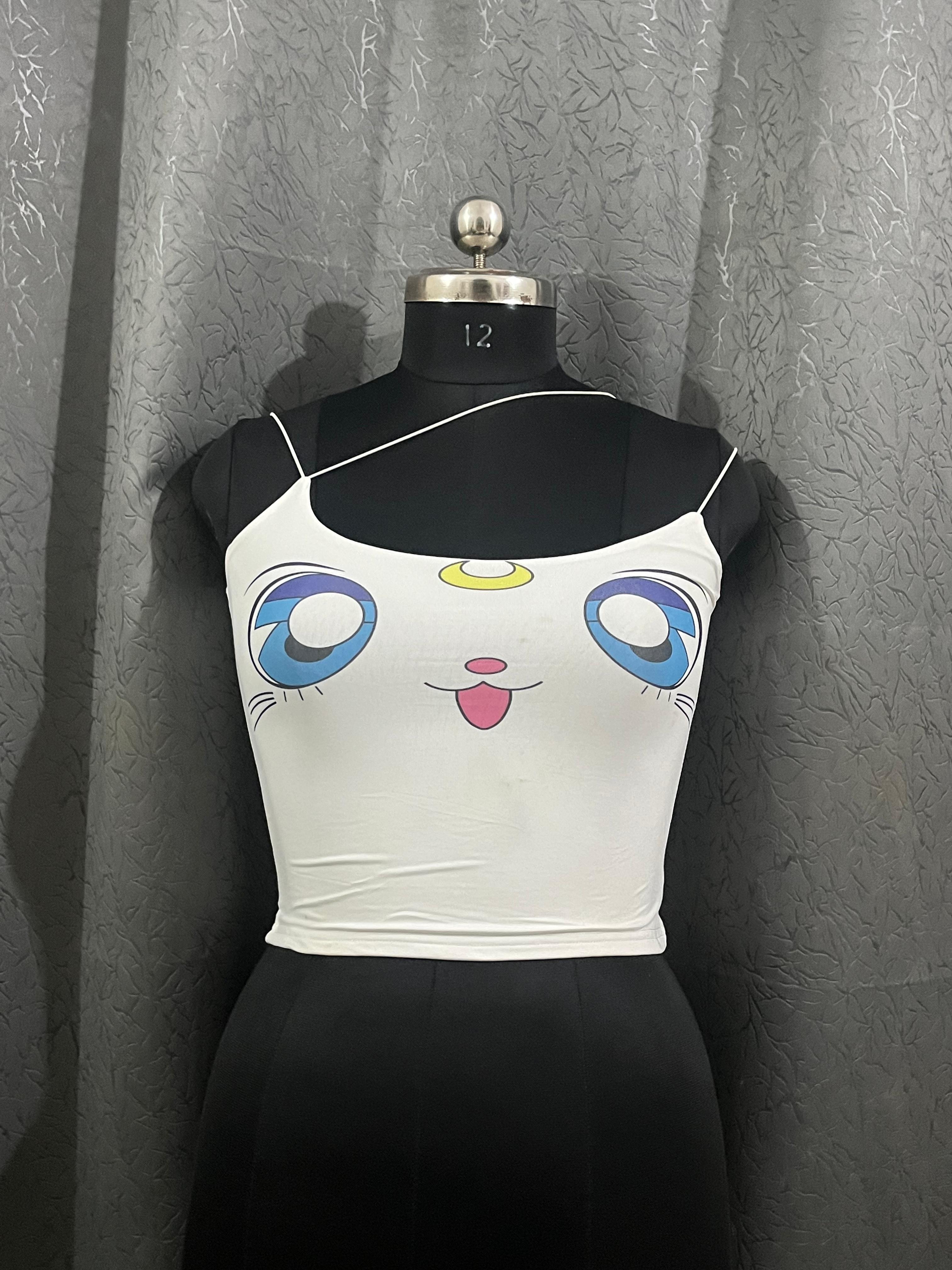 White Anime Cat Graphic Crop Top | Size S