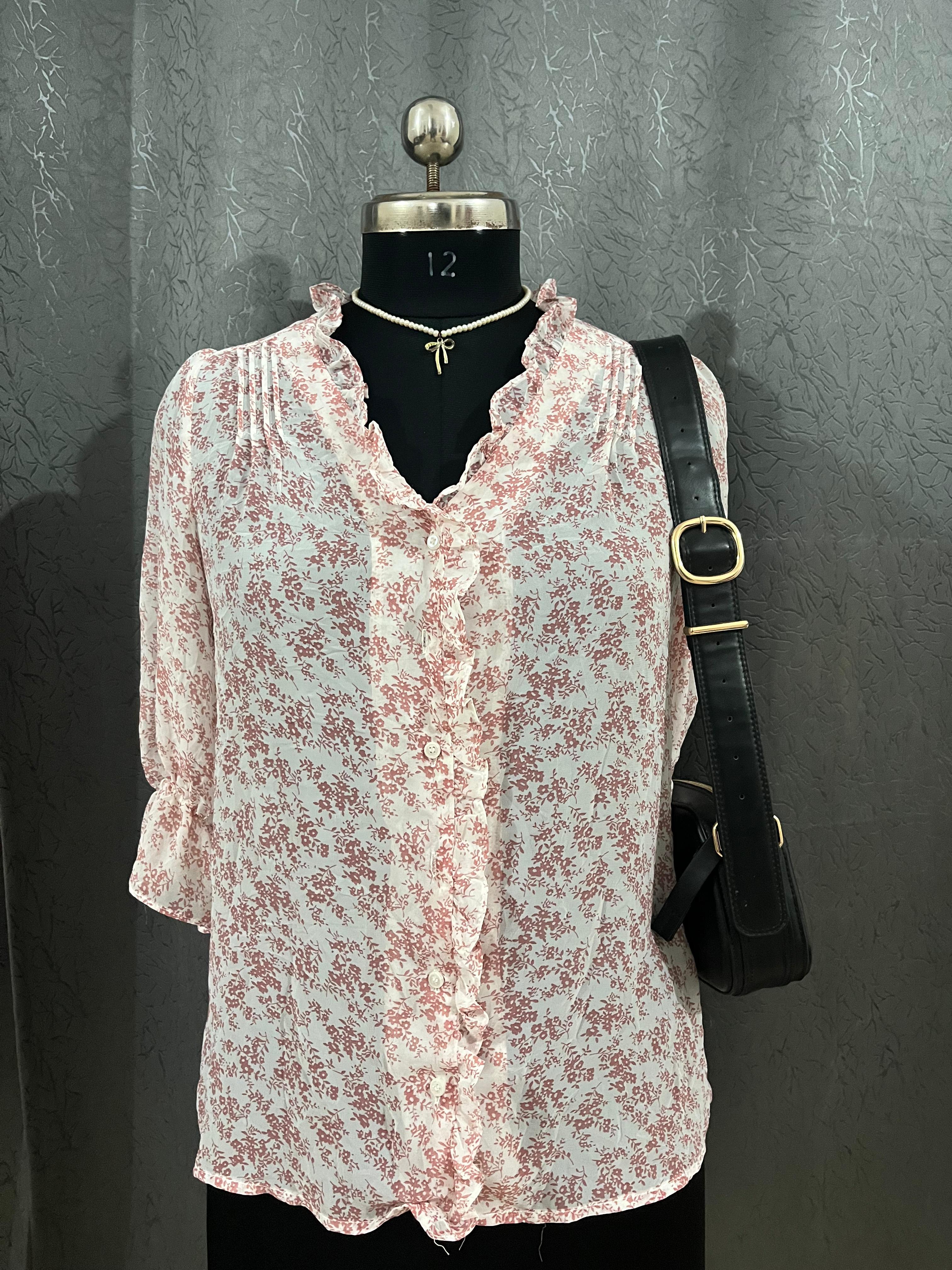 Clovis Pink Floral Ruffle Blouse – Size M