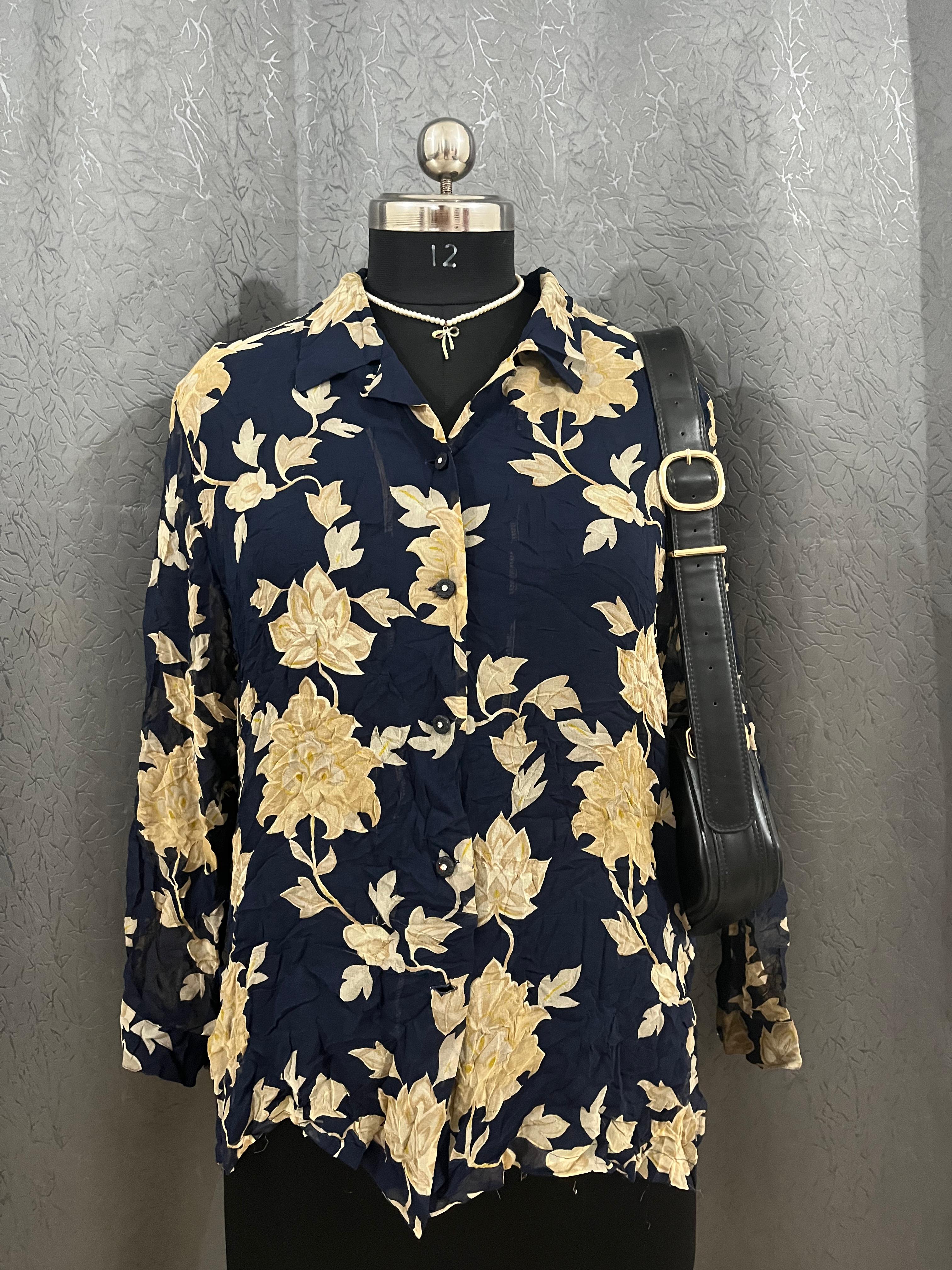 Vintage Navy Floral Button-Up Blouse – Size M