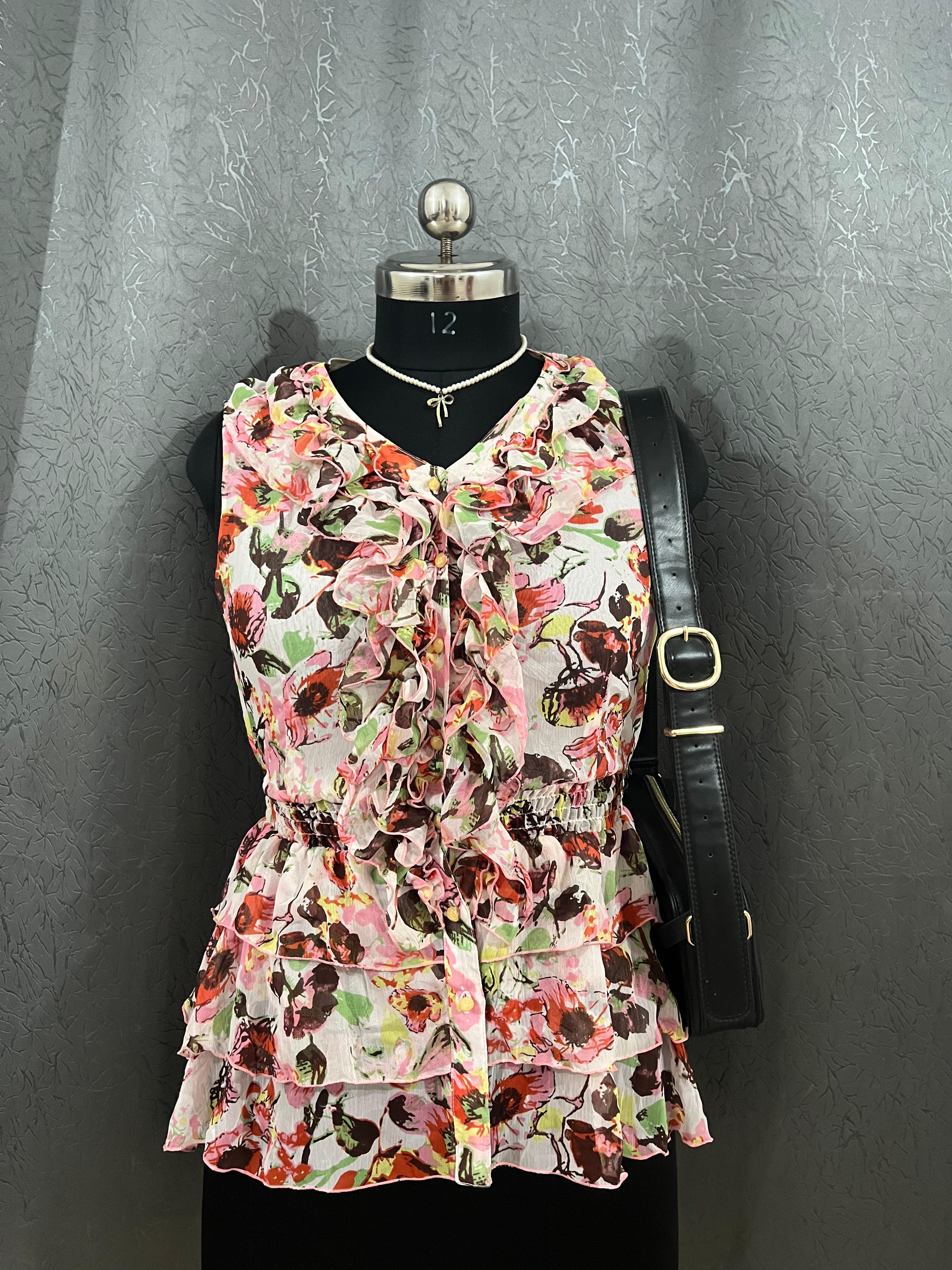 Vintage-Inspired Floral Ruffle Blouse (Size S)