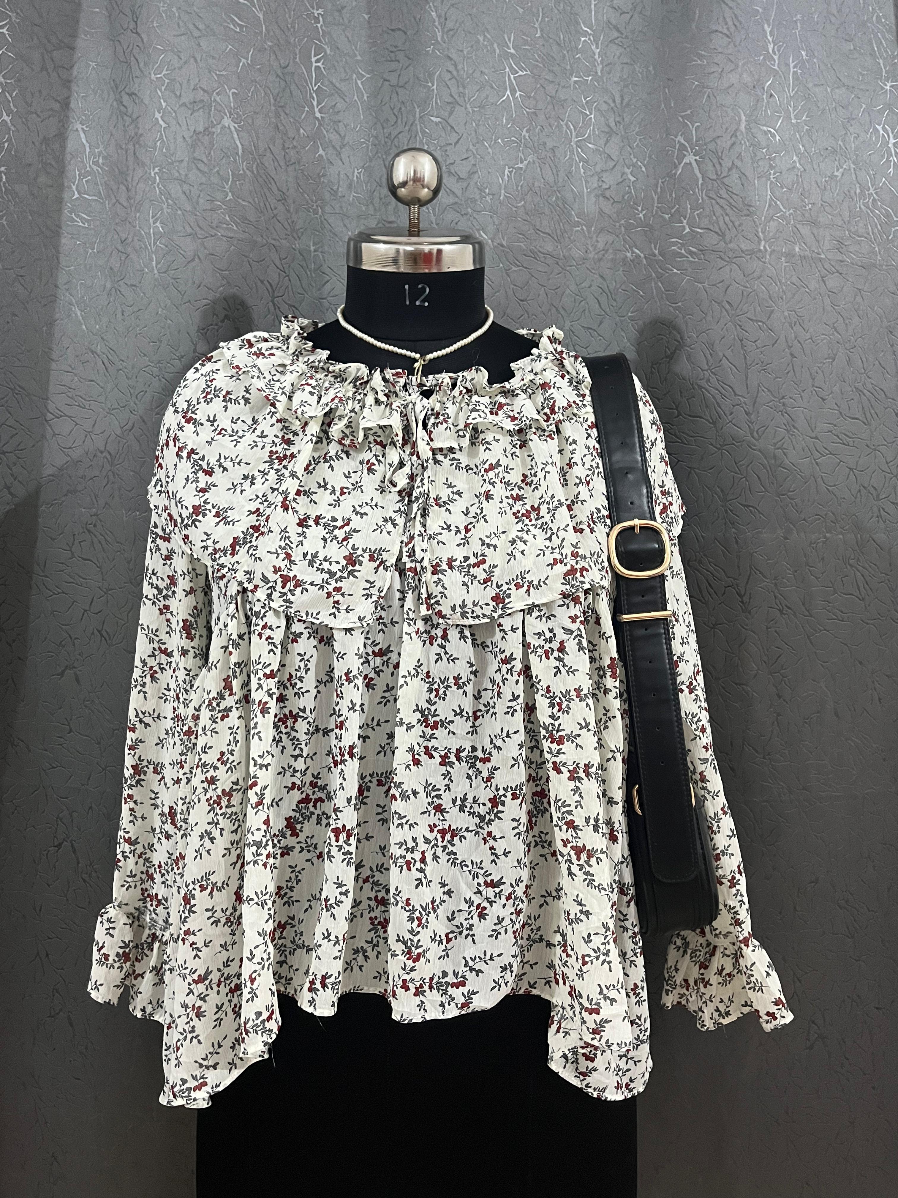 Vintage-Inspired Floral Ruffle Blouse – Size M