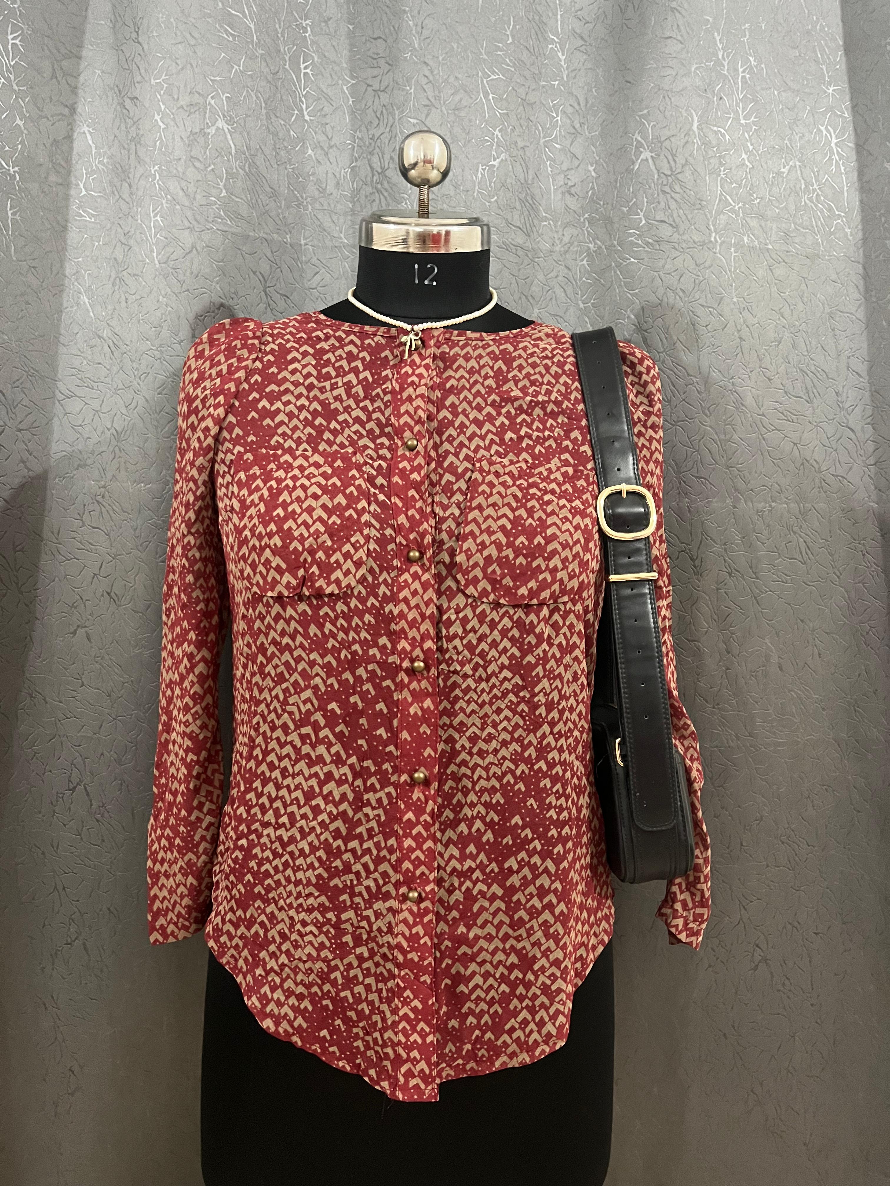 Vintage Maroon Printed Button-Up Blouse – Size M