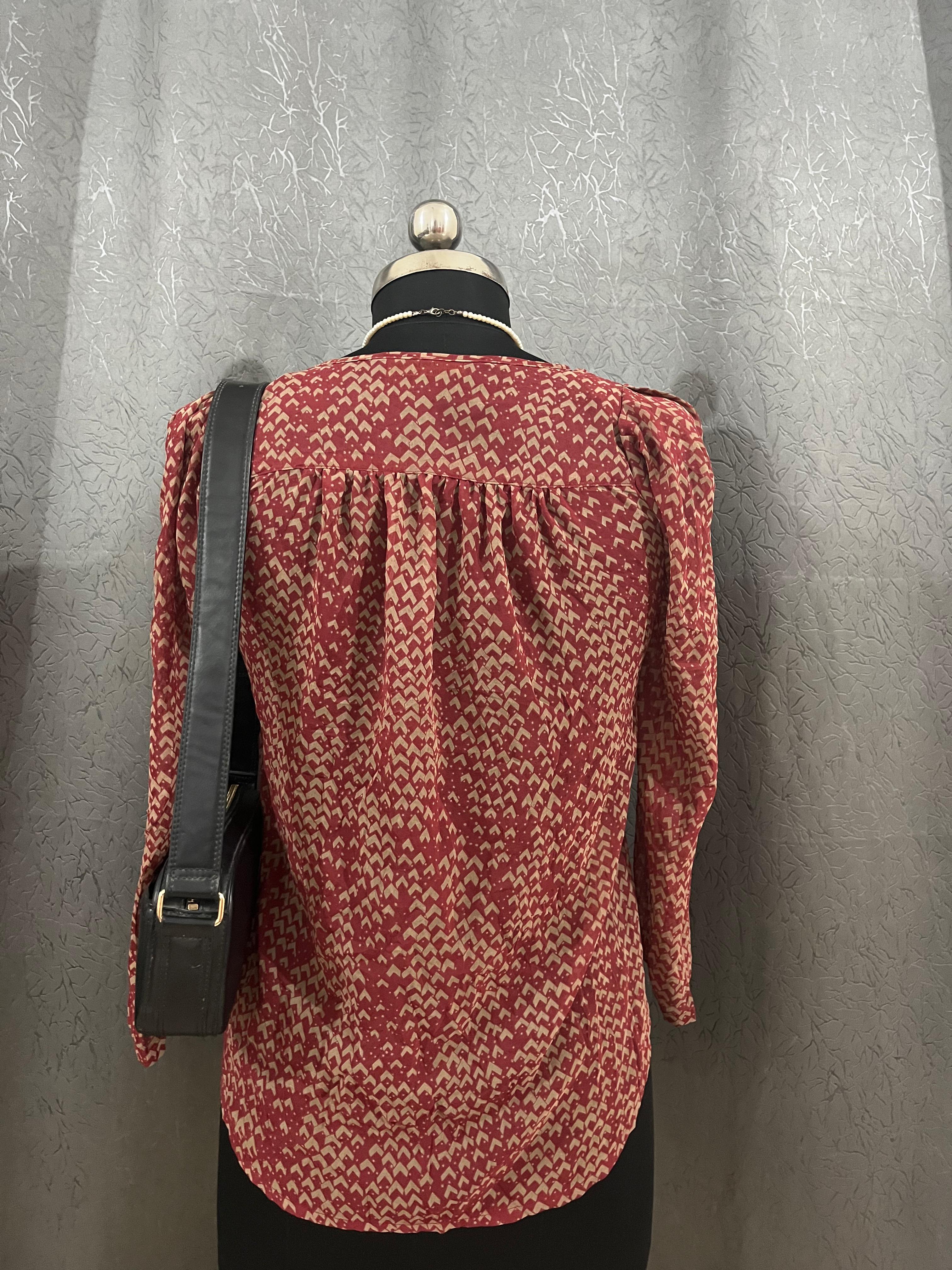 Vintage Maroon Printed Button-Up Blouse – Size M