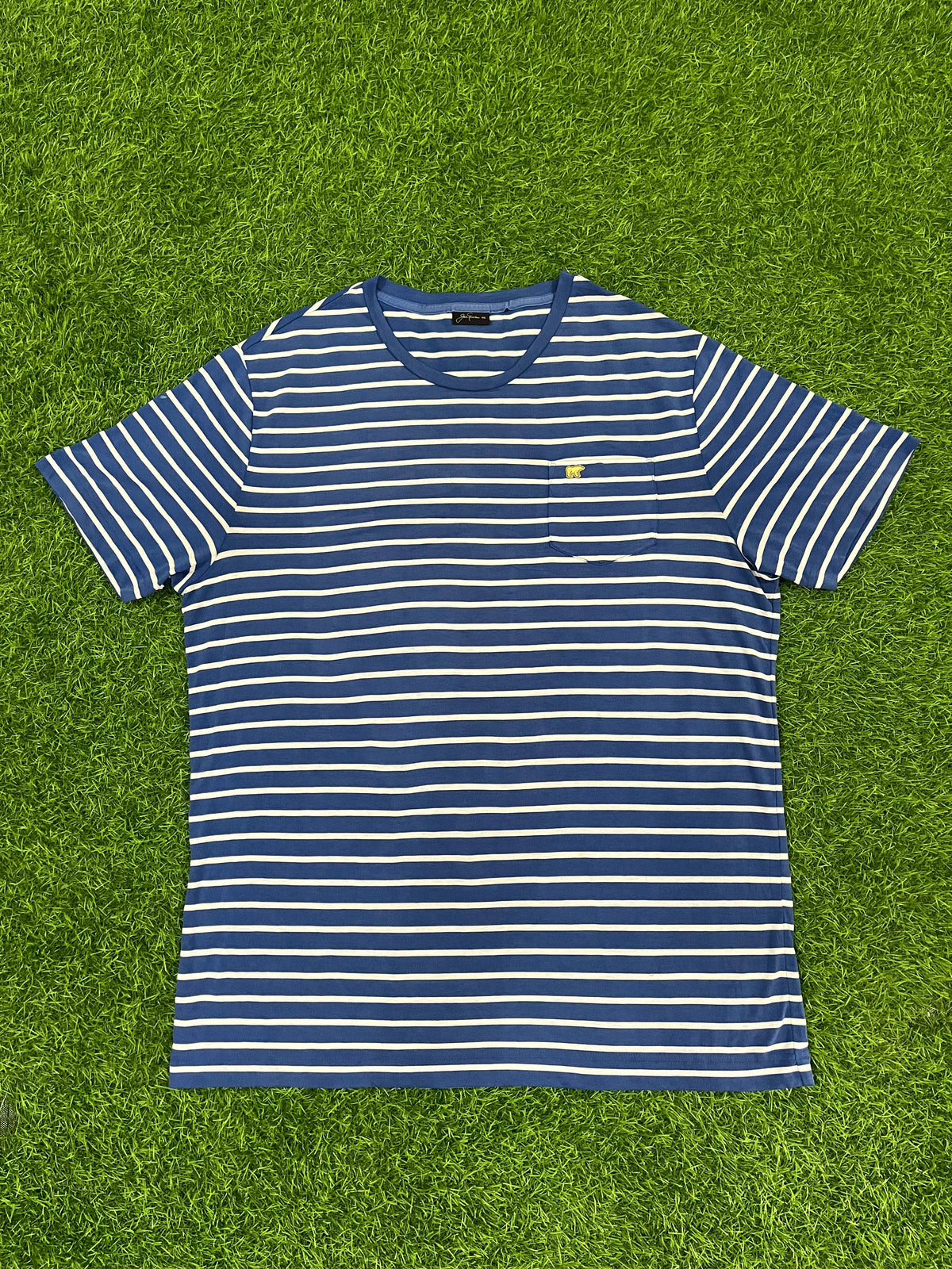 Blue & White Striped Tee with Pocket – Size M