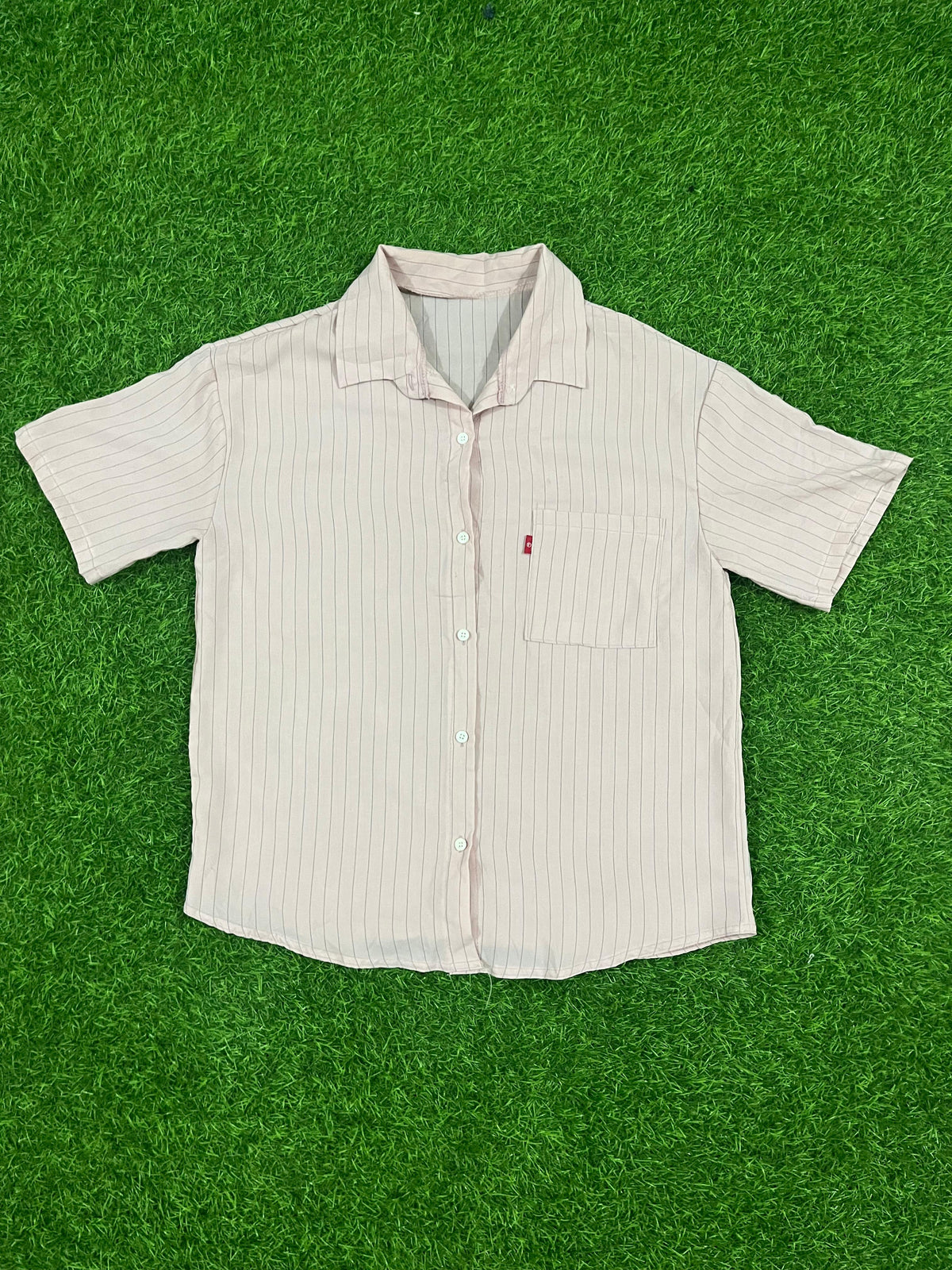 Beige Pinstripe Short Sleeve Button-Down Shirt – Size L