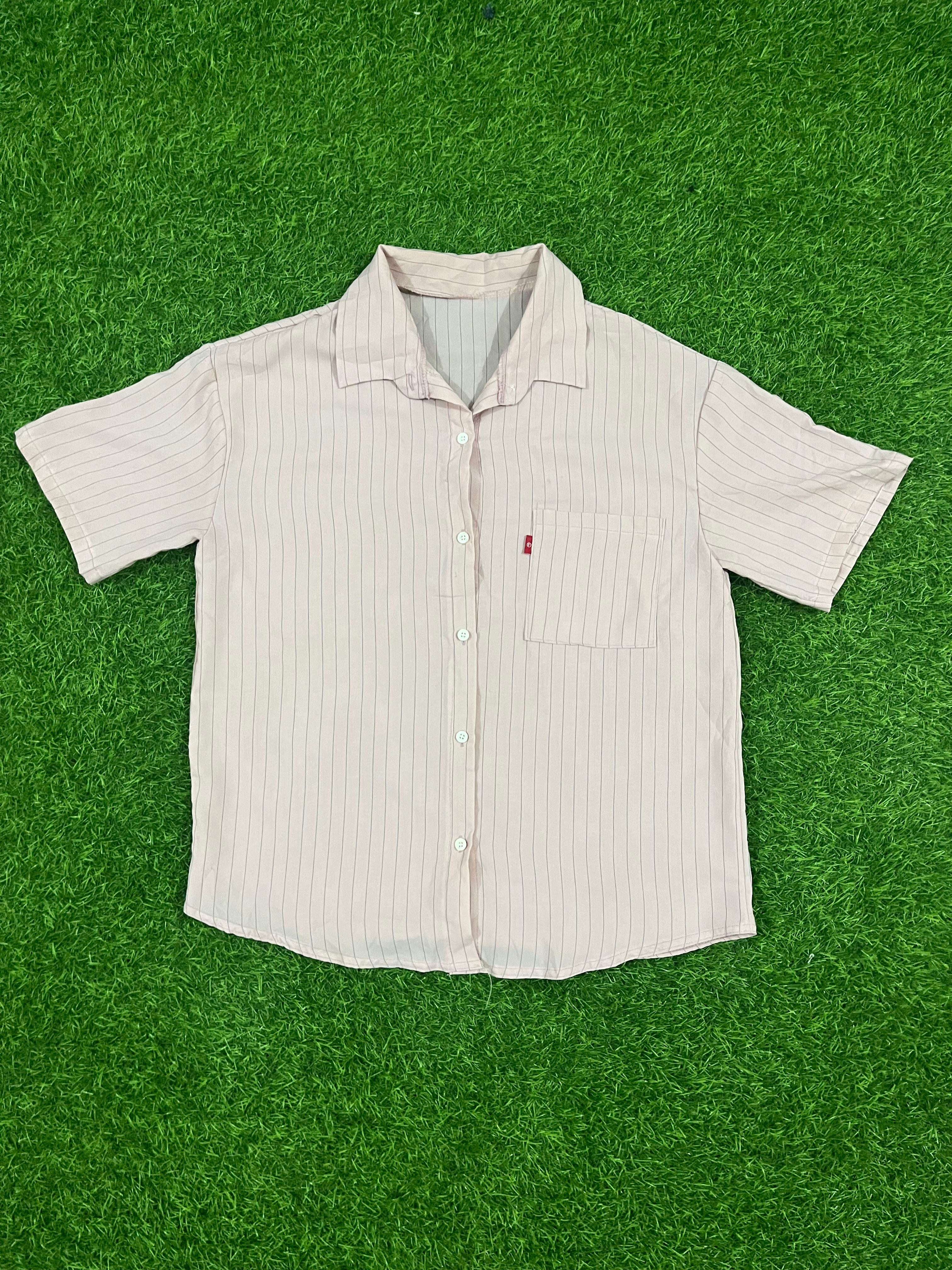 Beige Pinstripe Short Sleeve Button-Down Shirt – Size L