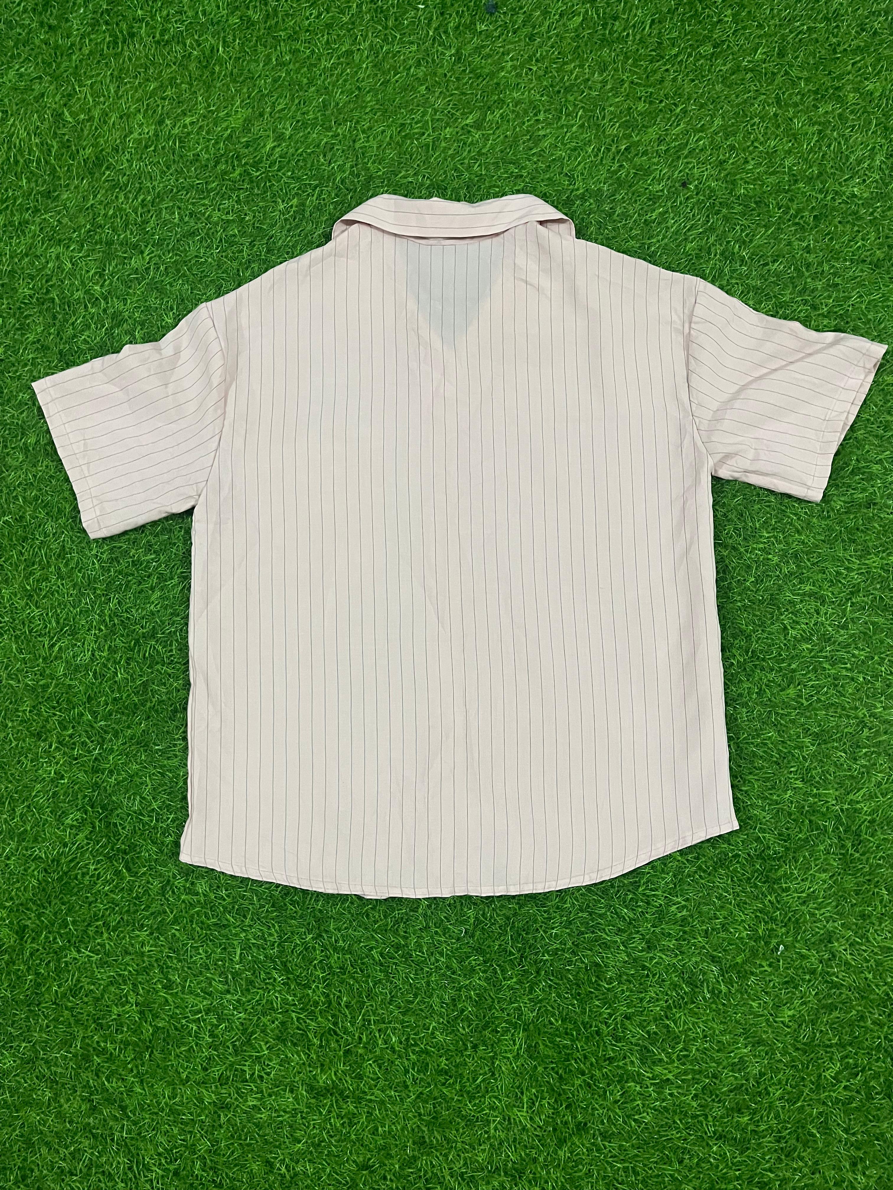 Beige Pinstripe Short Sleeve Button-Down Shirt – Size L