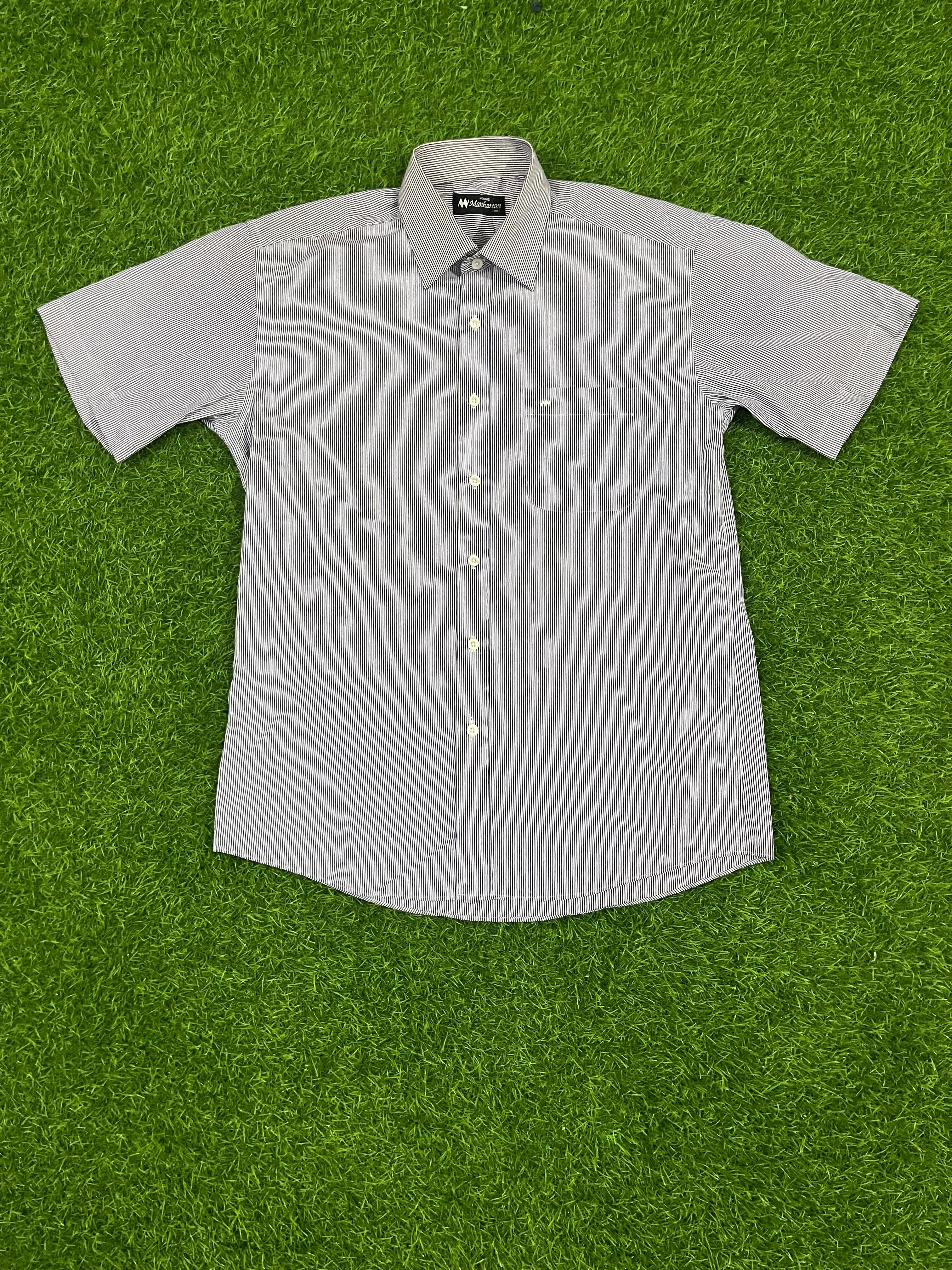 Manhattan Homme Navy Striped Short Sleeve Shirt – Size XL