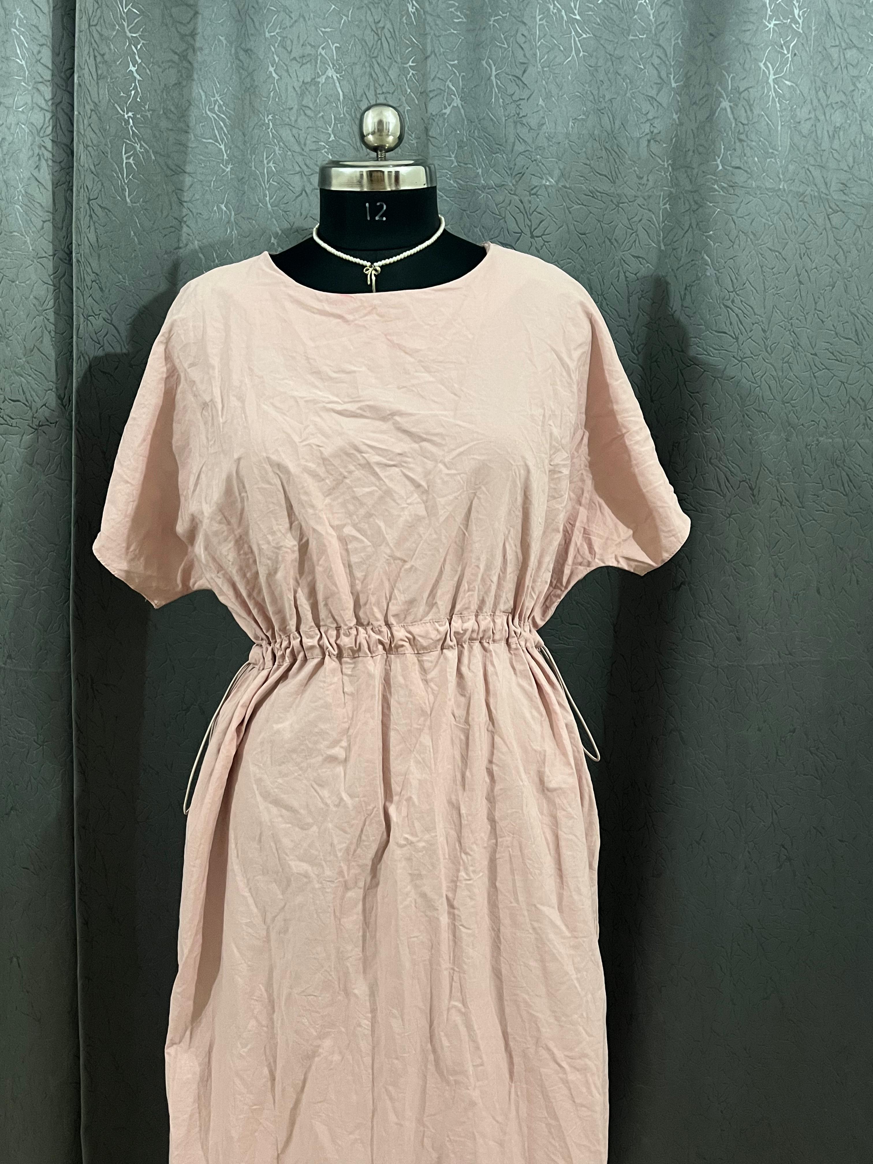 Soft Pink Casual Midi Dress with Waist Tie – Size L