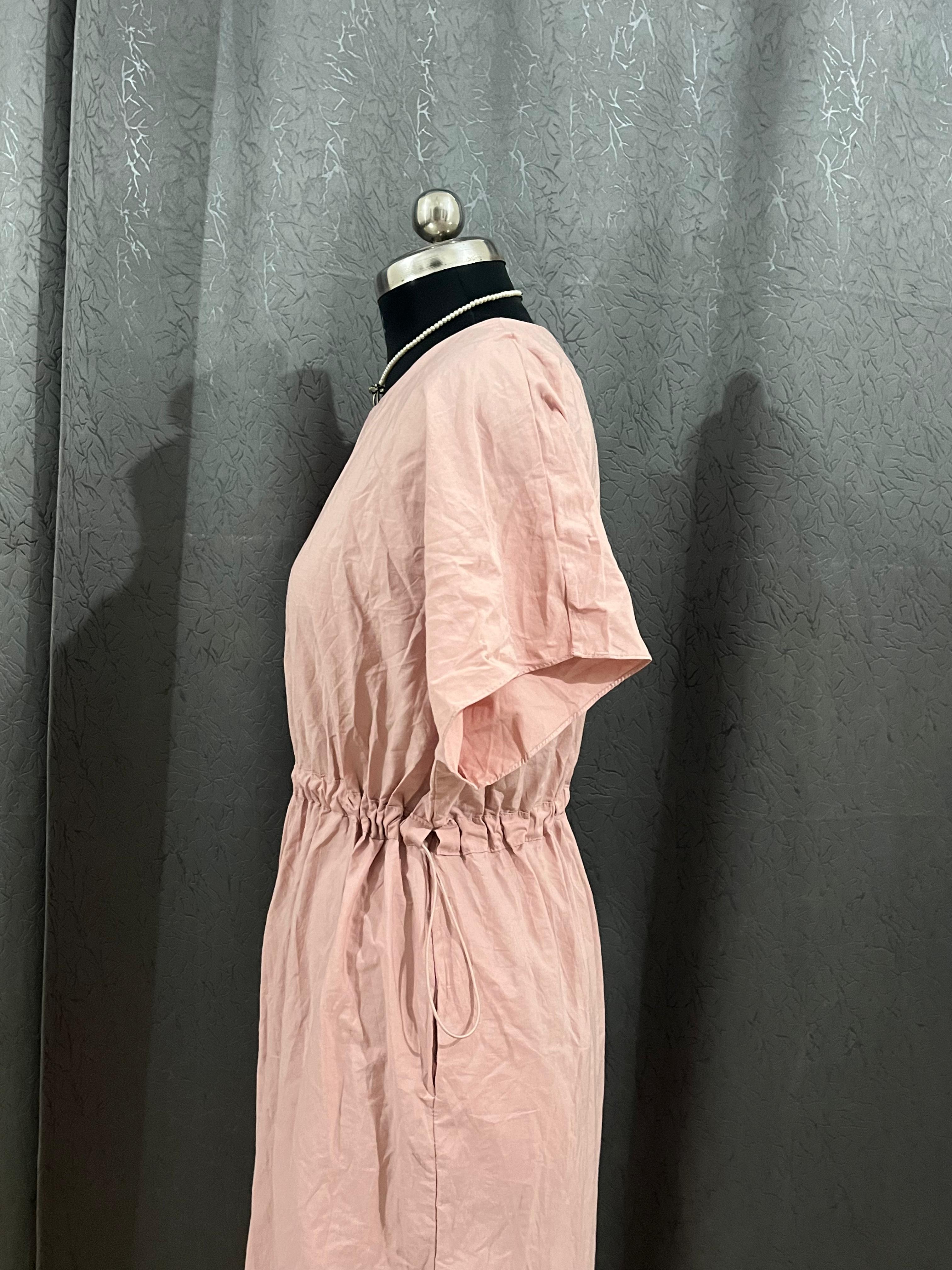 Soft Pink Casual Midi Dress with Waist Tie – Size L