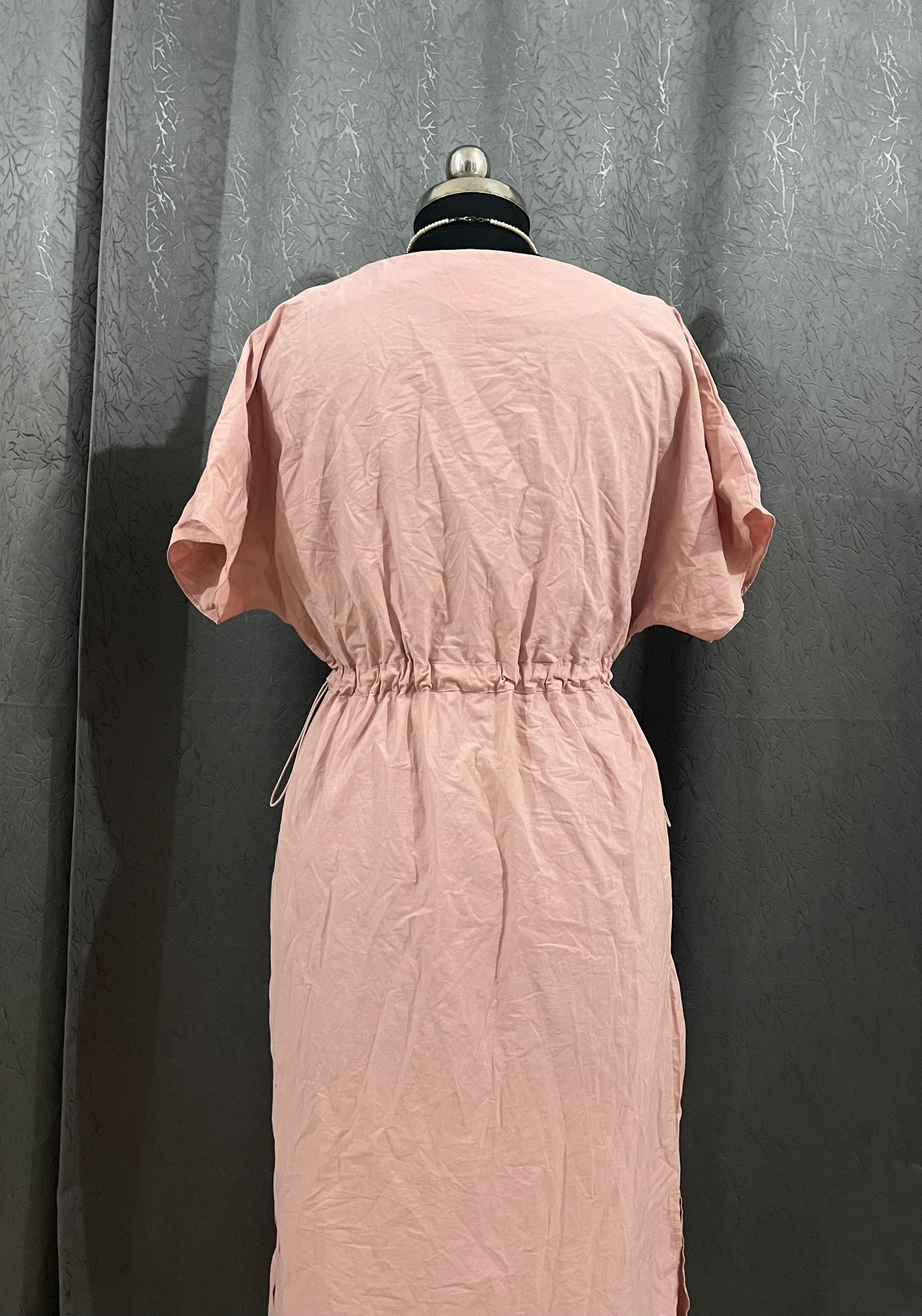 Soft Pink Casual Midi Dress with Waist Tie – Size L
