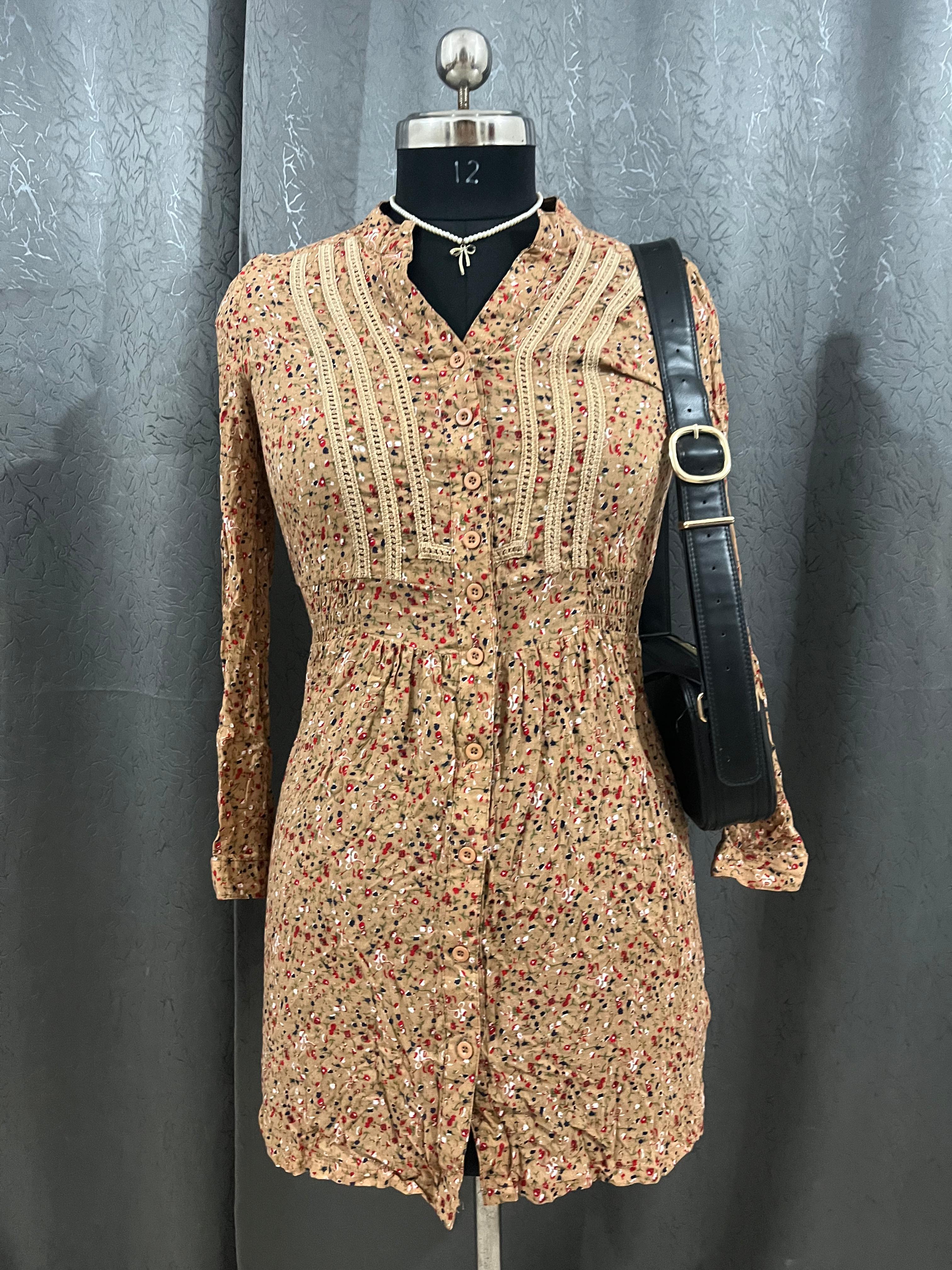 Beige Floral Button-Down Mini Dress – Size M