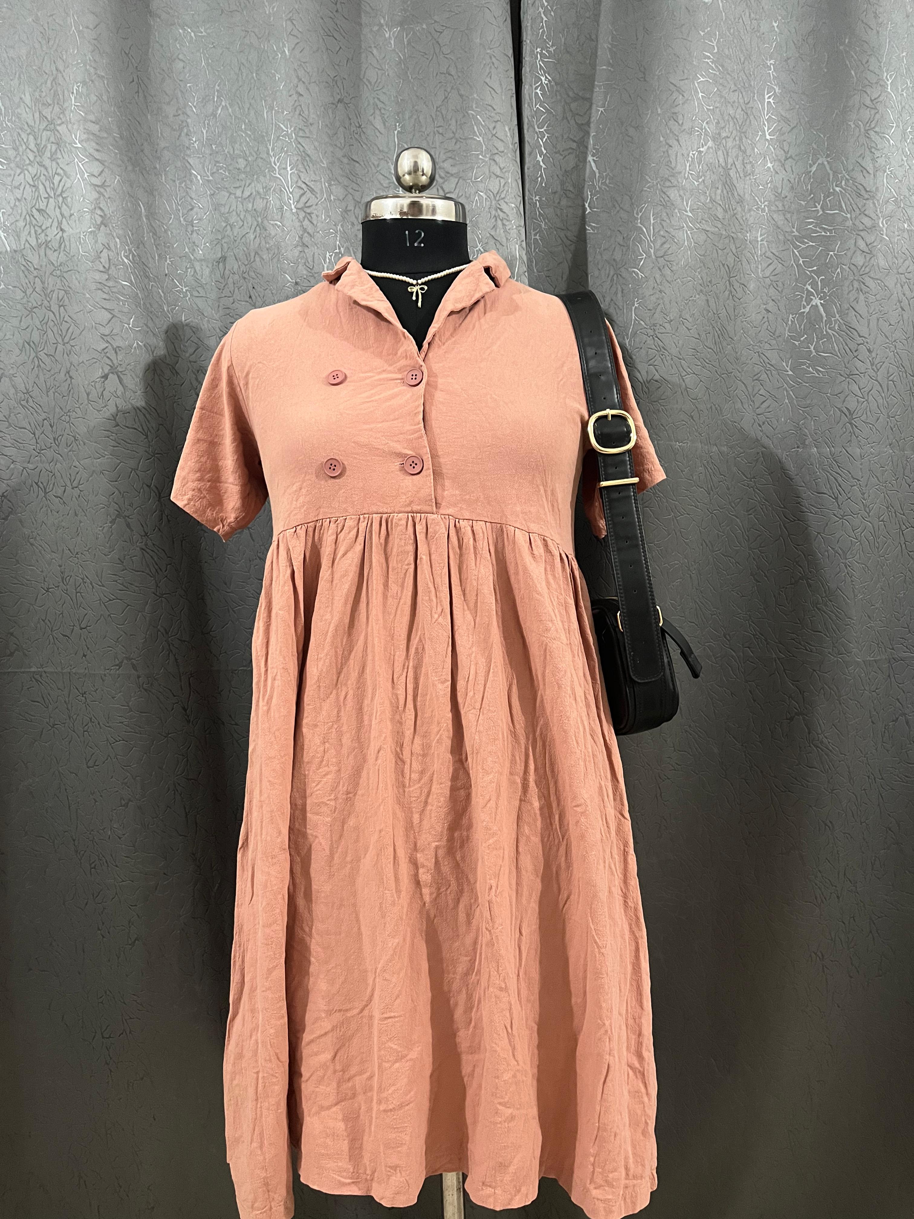 Peach Pink Collared Button-Front Dress – Size L