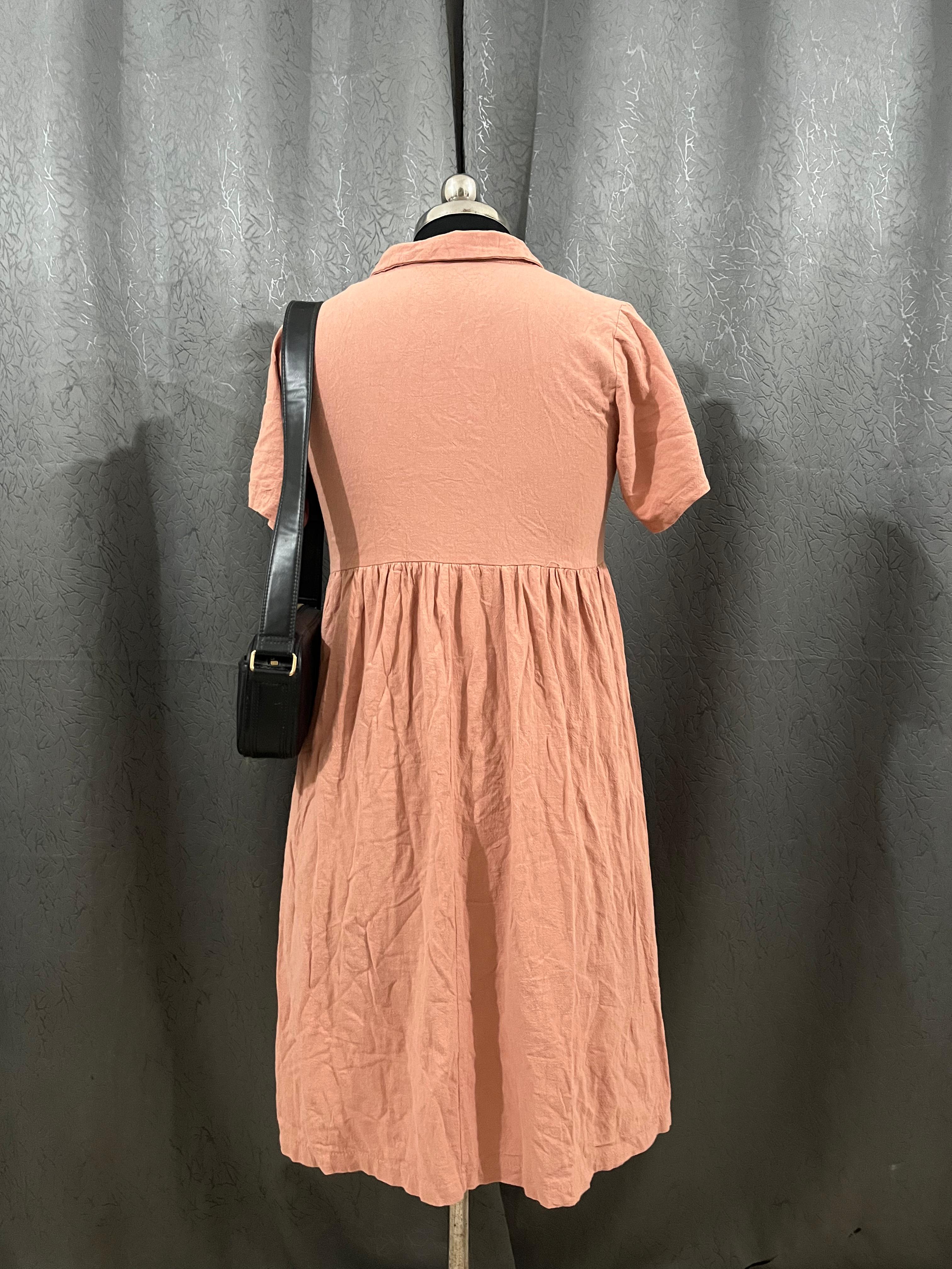 Peach Pink Collared Button-Front Dress – Size L