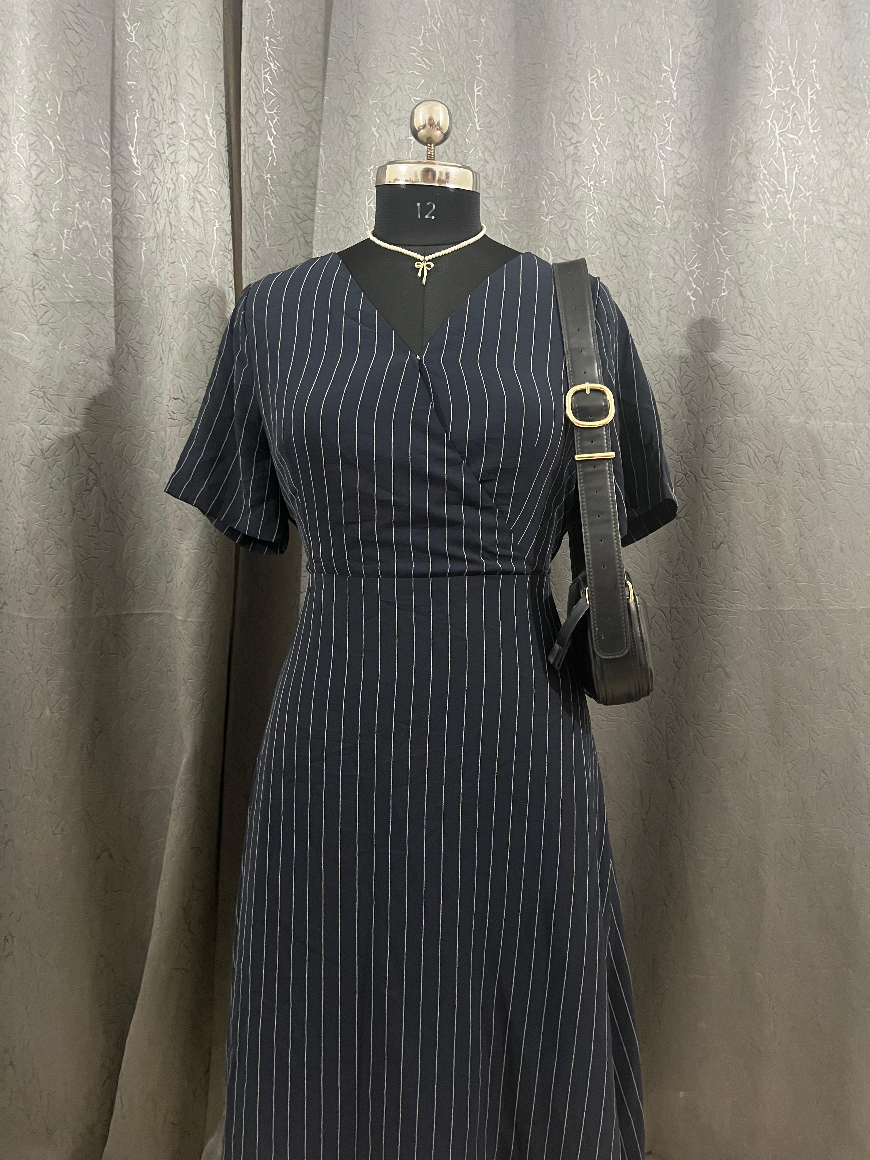 Vintage Navy Pinstripe Wrap Dress – Size L