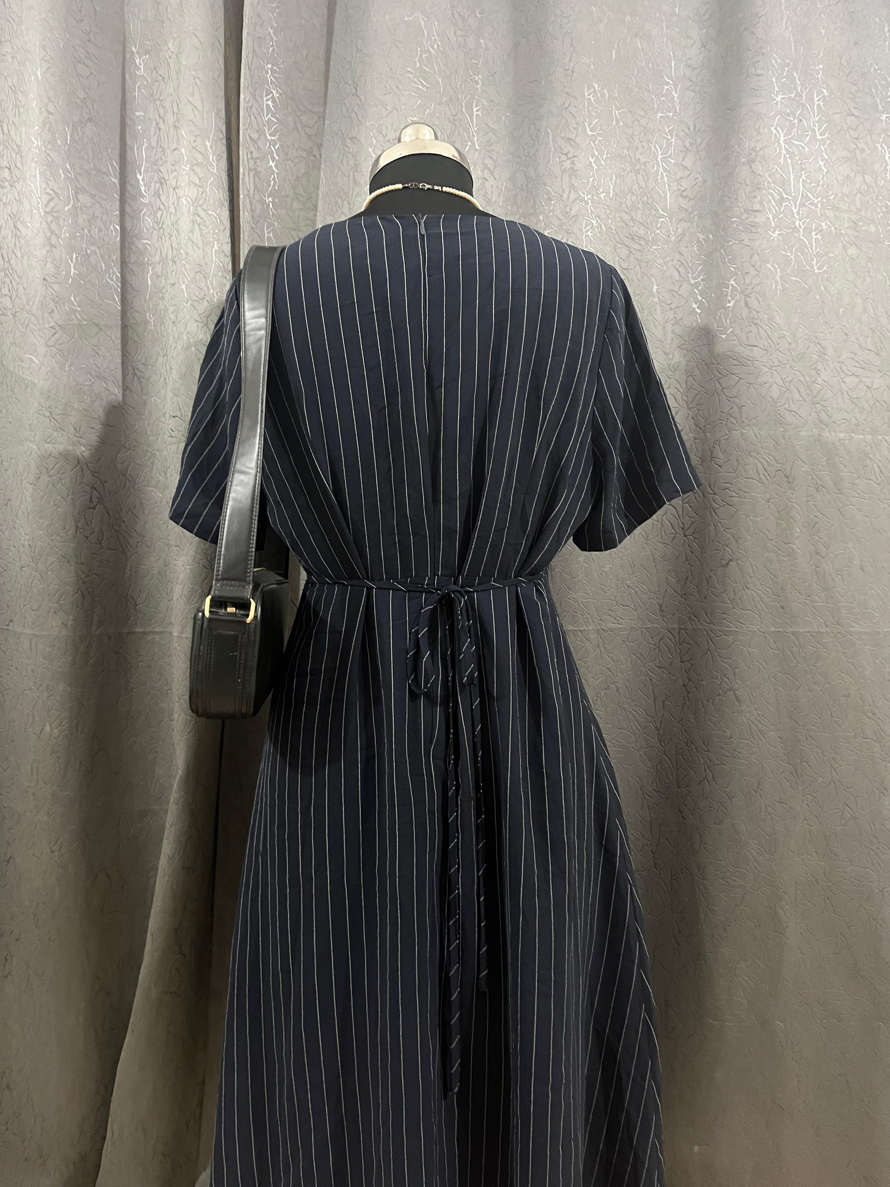 Vintage Navy Pinstripe Wrap Dress – Size L