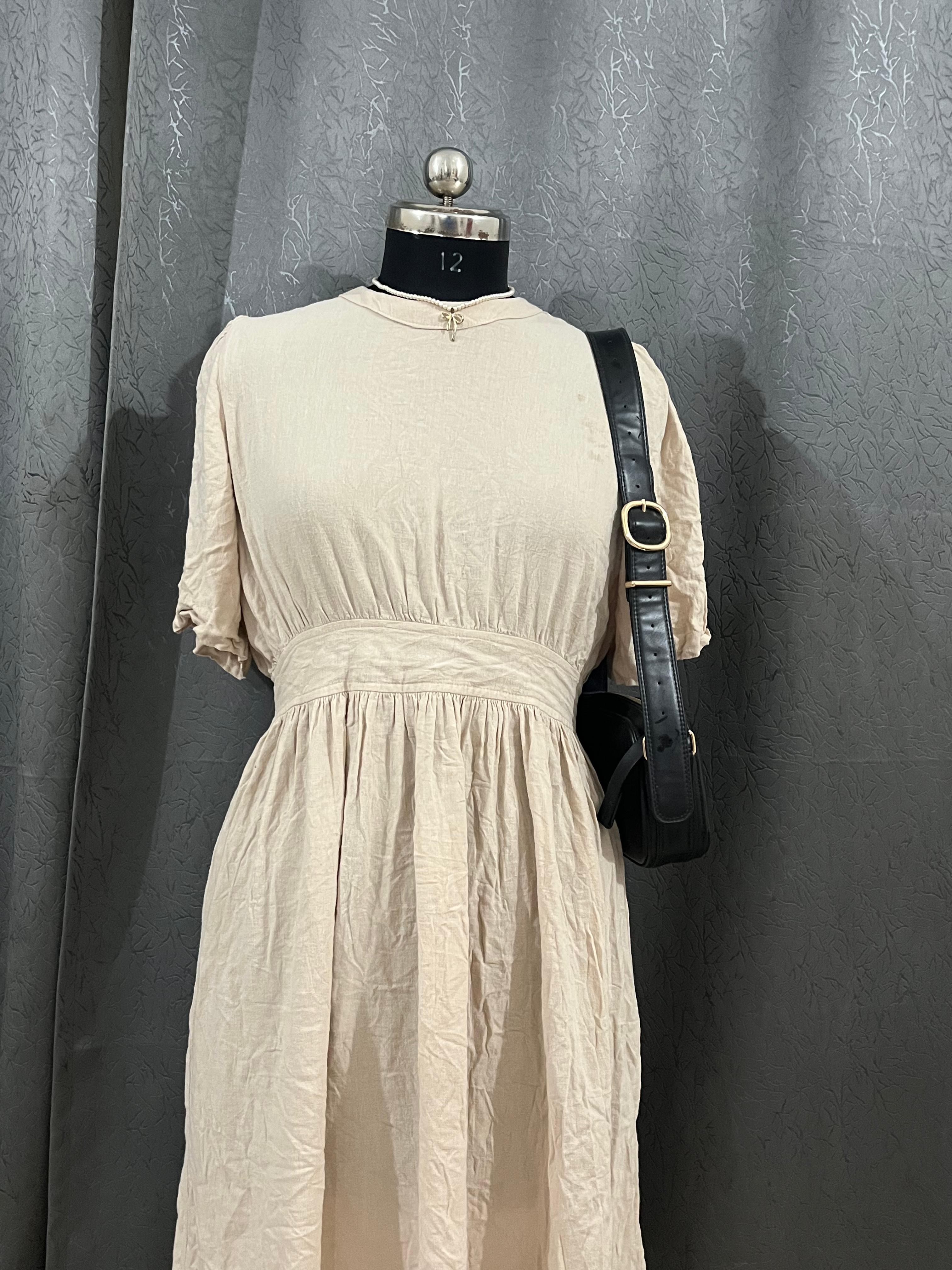 Soft Beige Puff-Sleeve Midi Dress – Size L