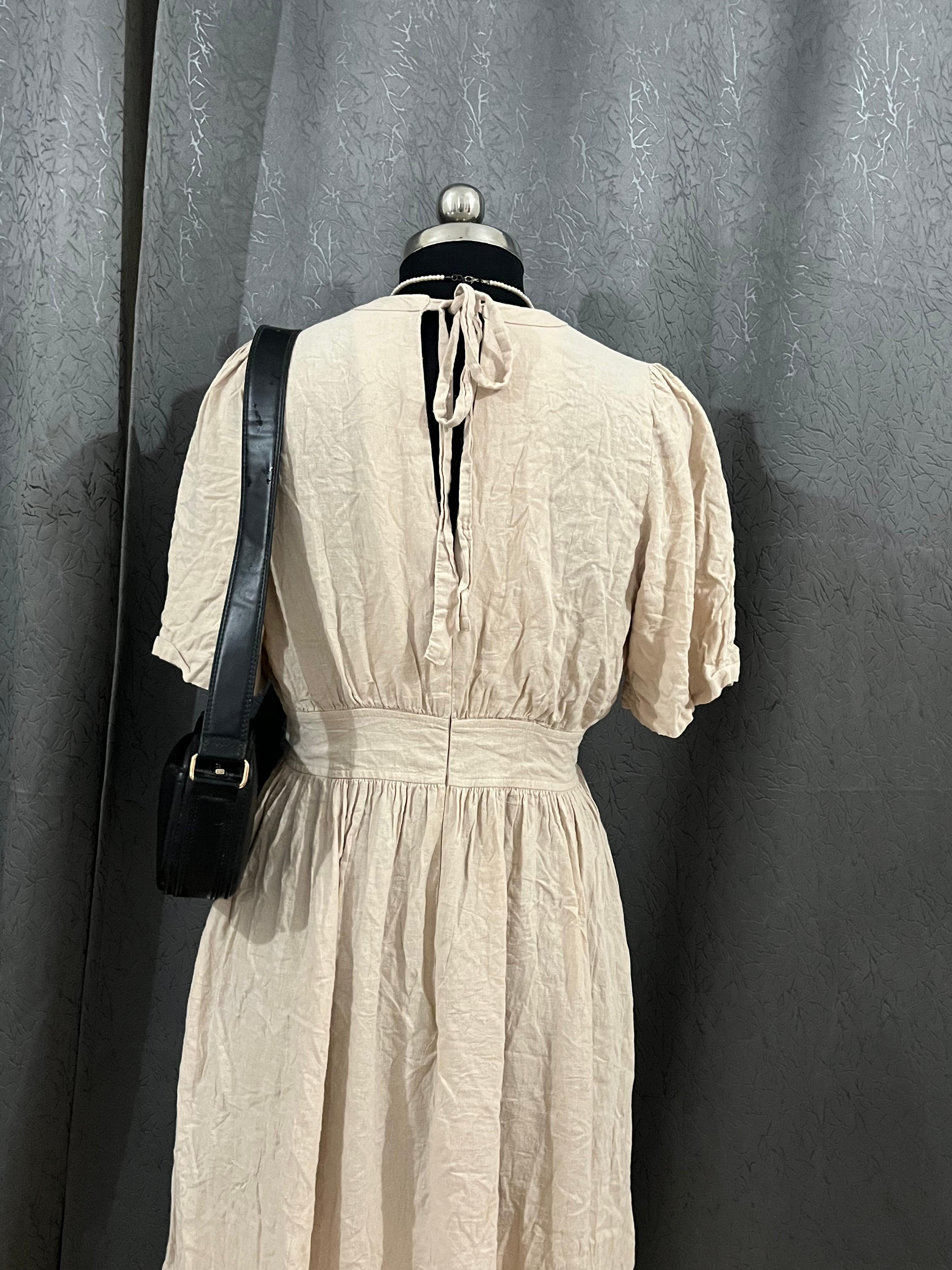 Soft Beige Puff-Sleeve Midi Dress – Size L