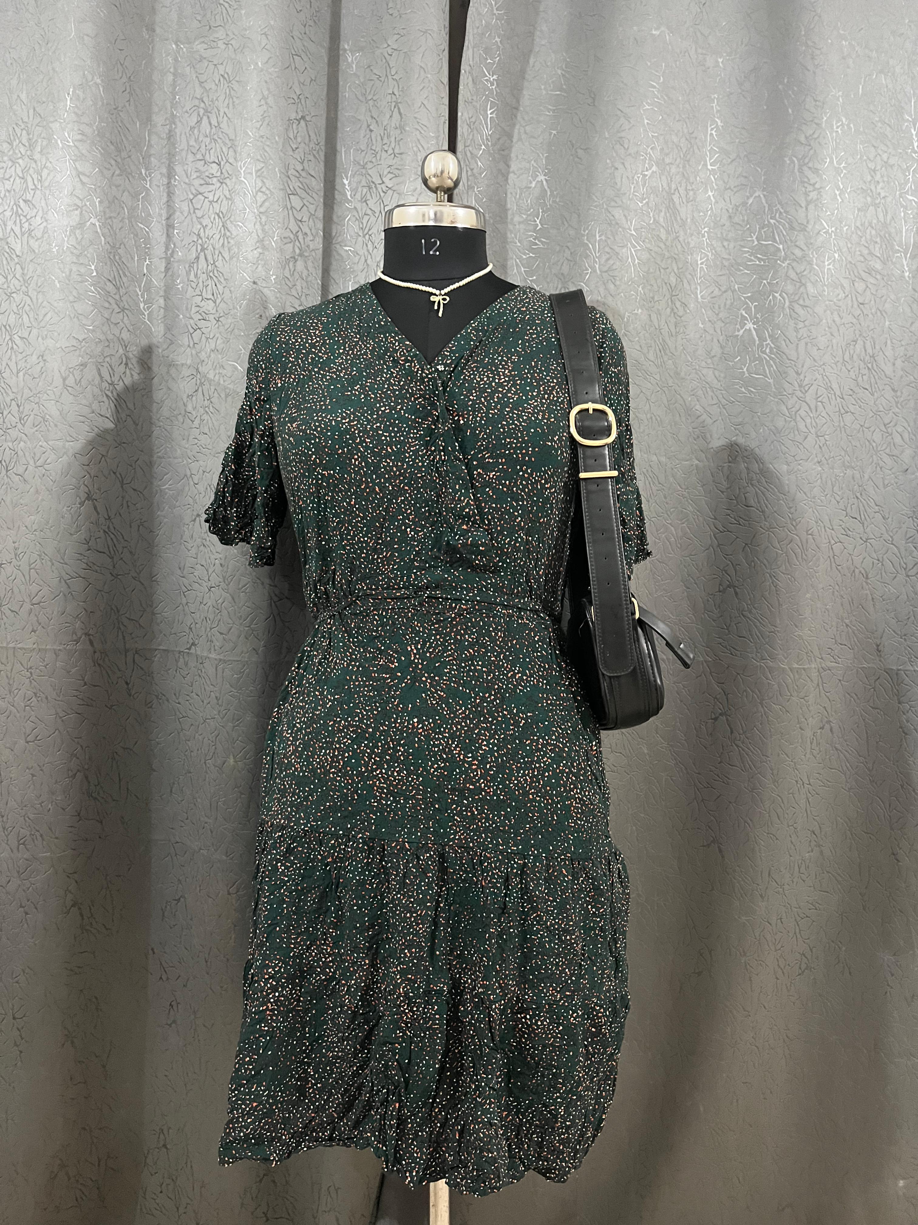 Forest Green Mini Wrap Dress with Ruffle Hem – Size L