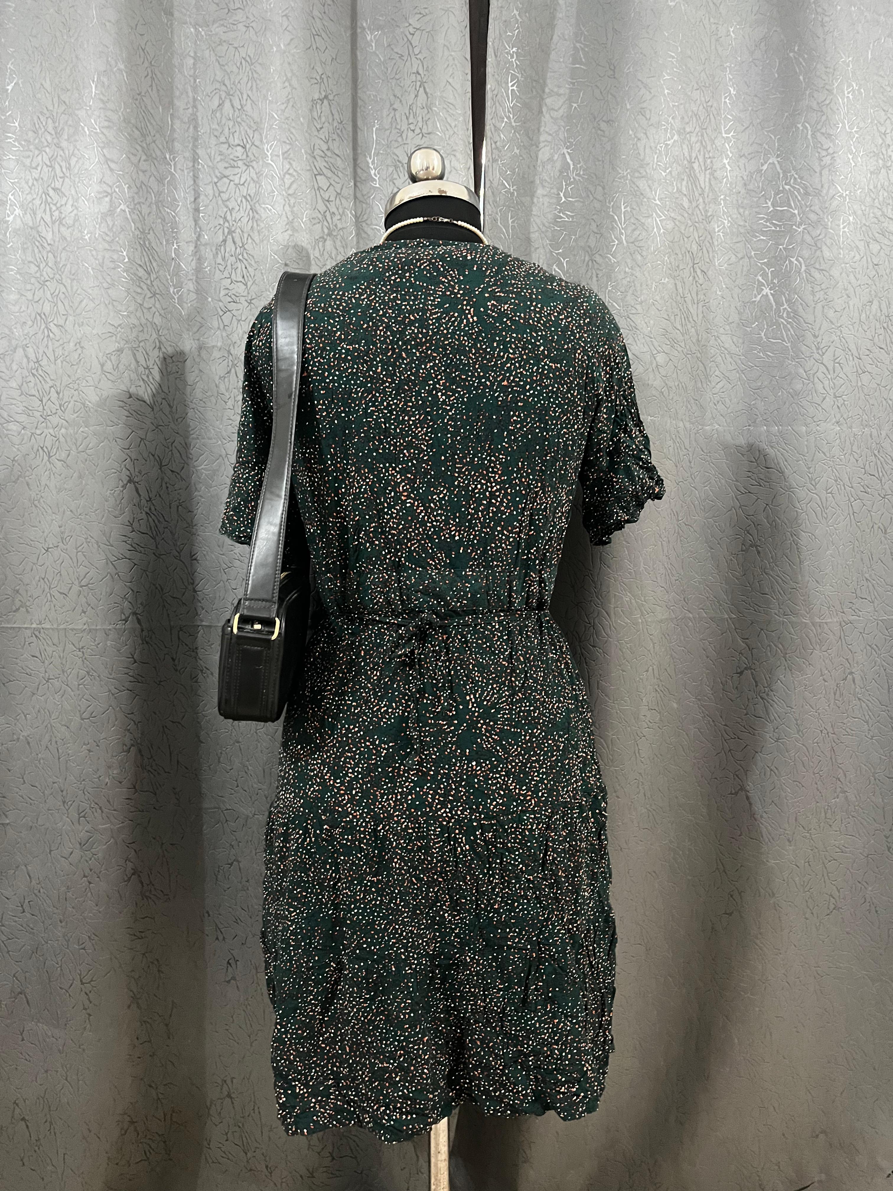 Forest Green Mini Wrap Dress with Ruffle Hem – Size L