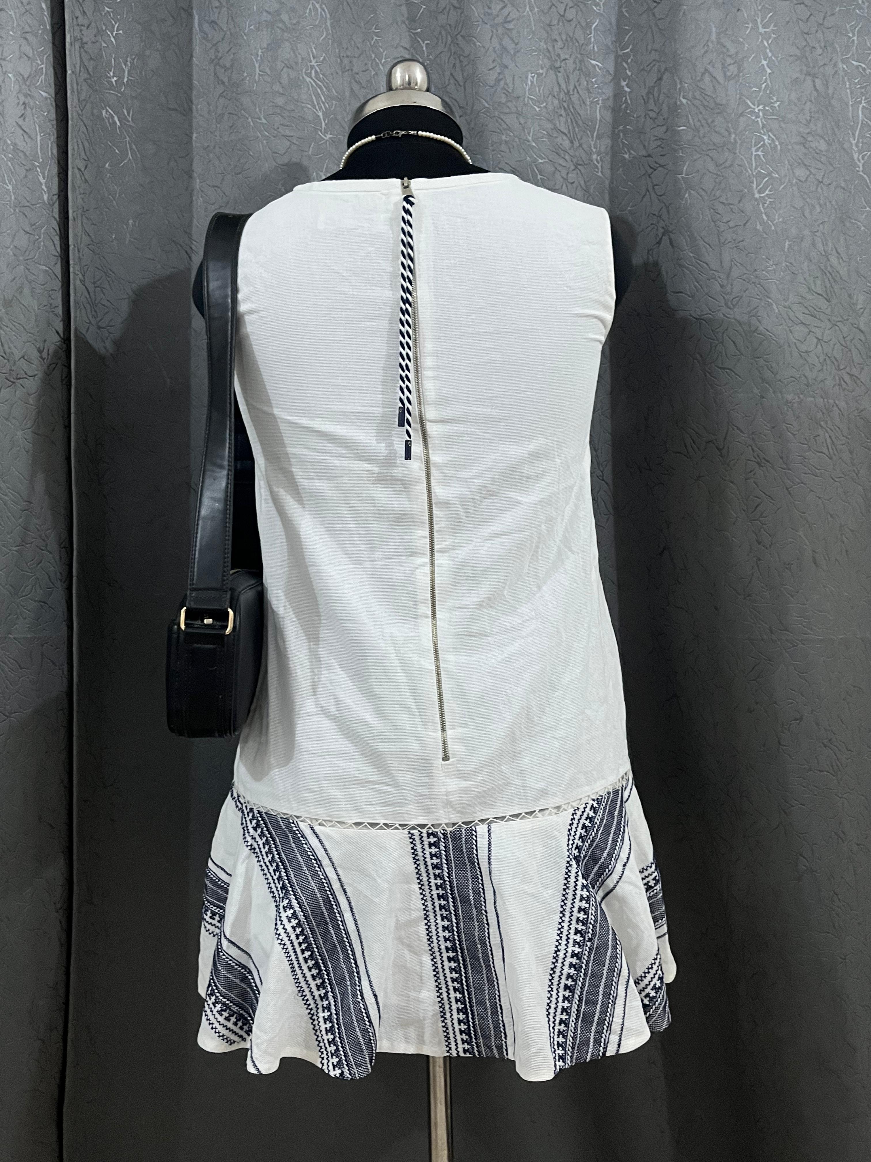 White & Navy Striped Sleeveless Mini Dress – Size L