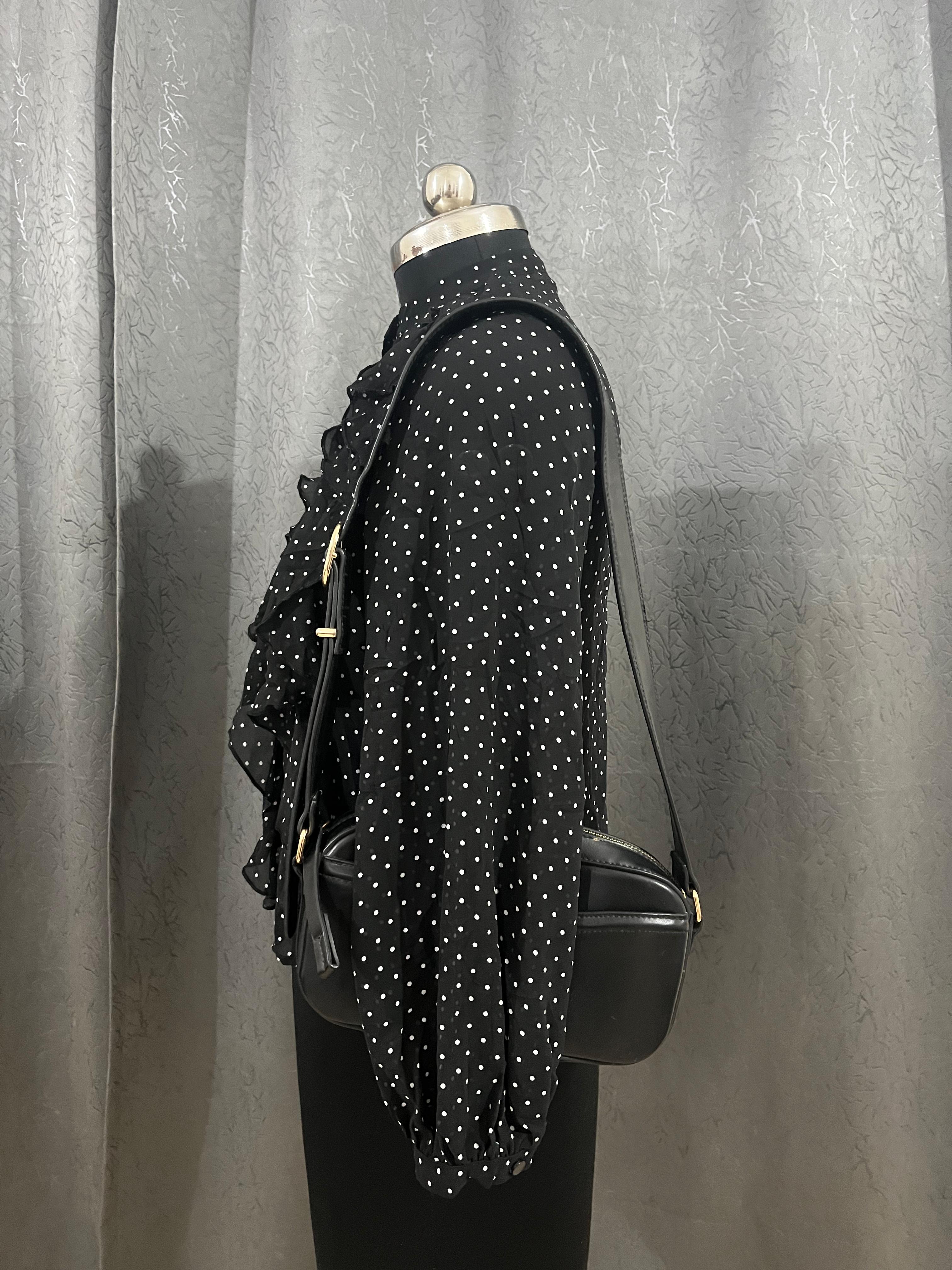 Vintage Black & White Polka Dot Ruffle Blouse – Size L