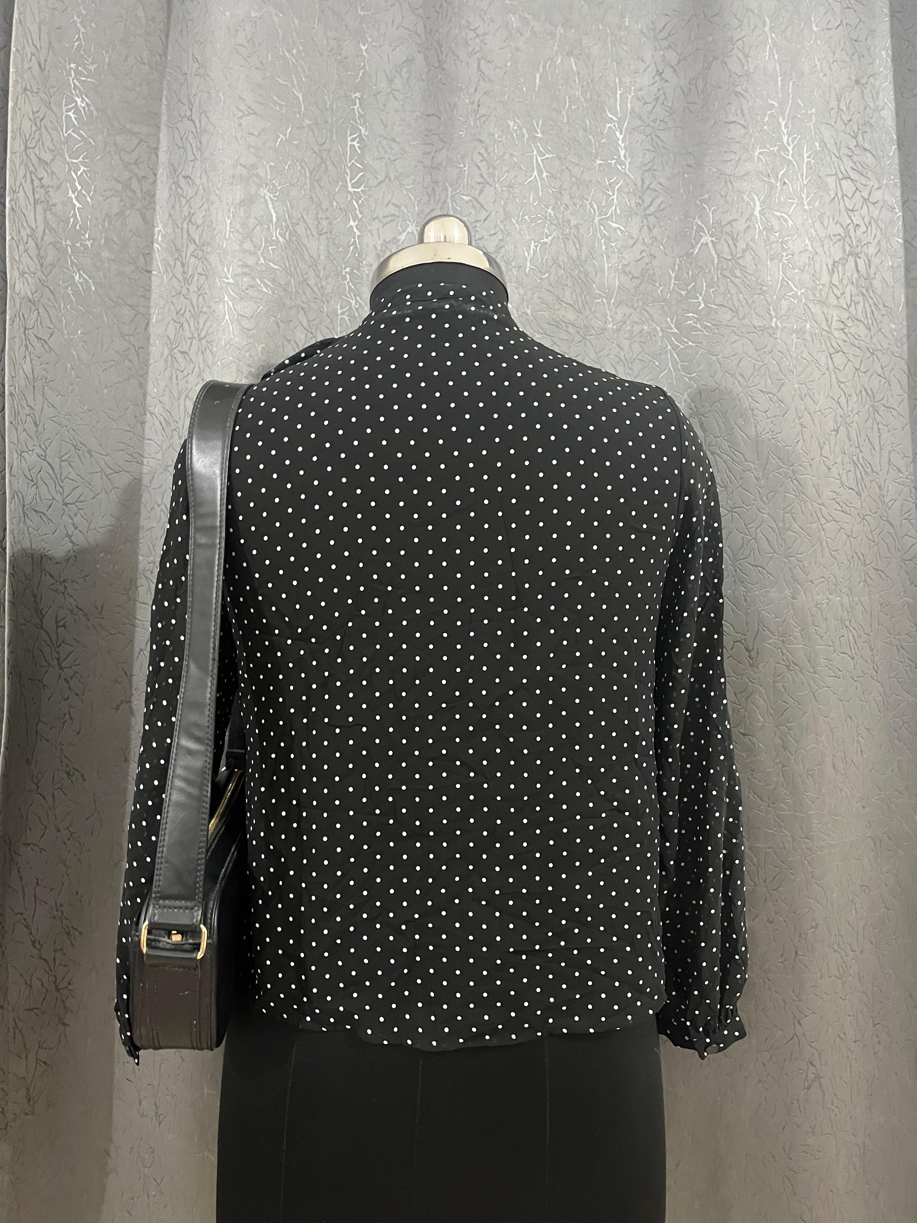 Vintage Black & White Polka Dot Ruffle Blouse – Size L