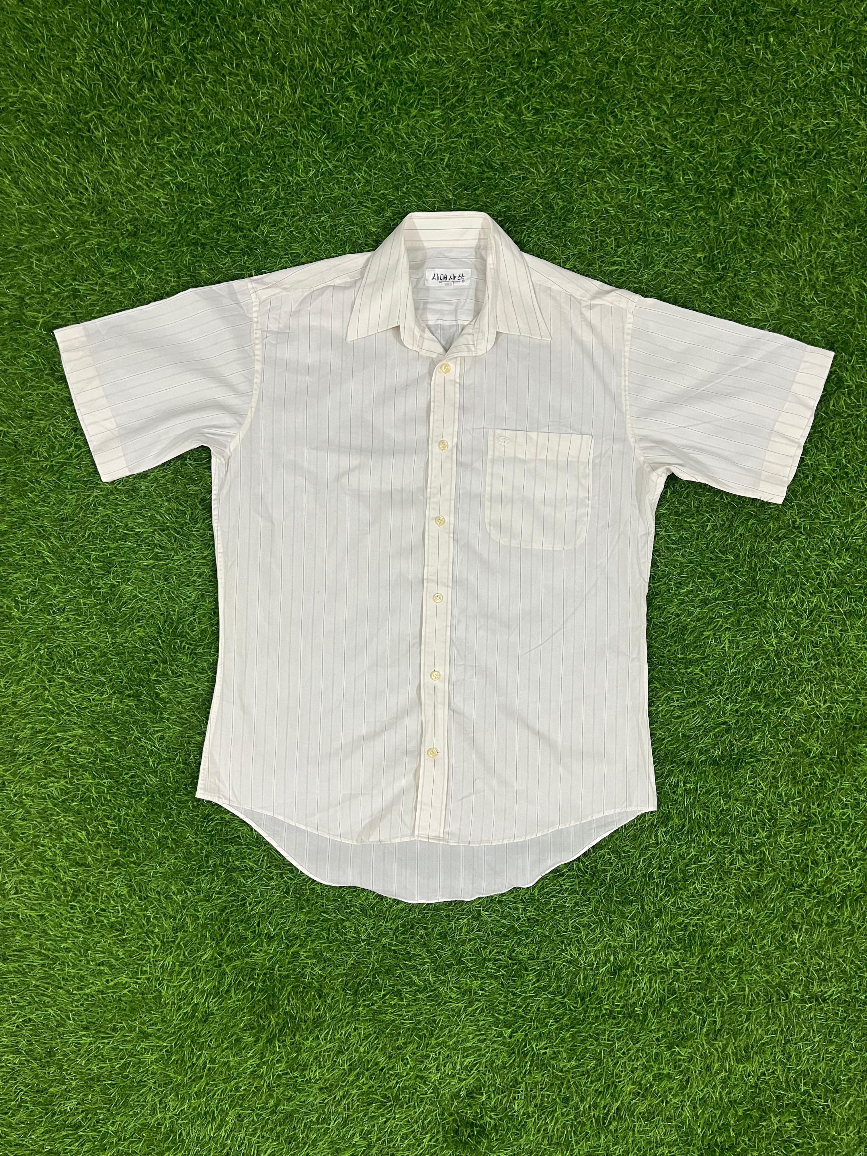 Vintage White Pinstripe Short-Sleeve Shirt – Classic Formal Casual