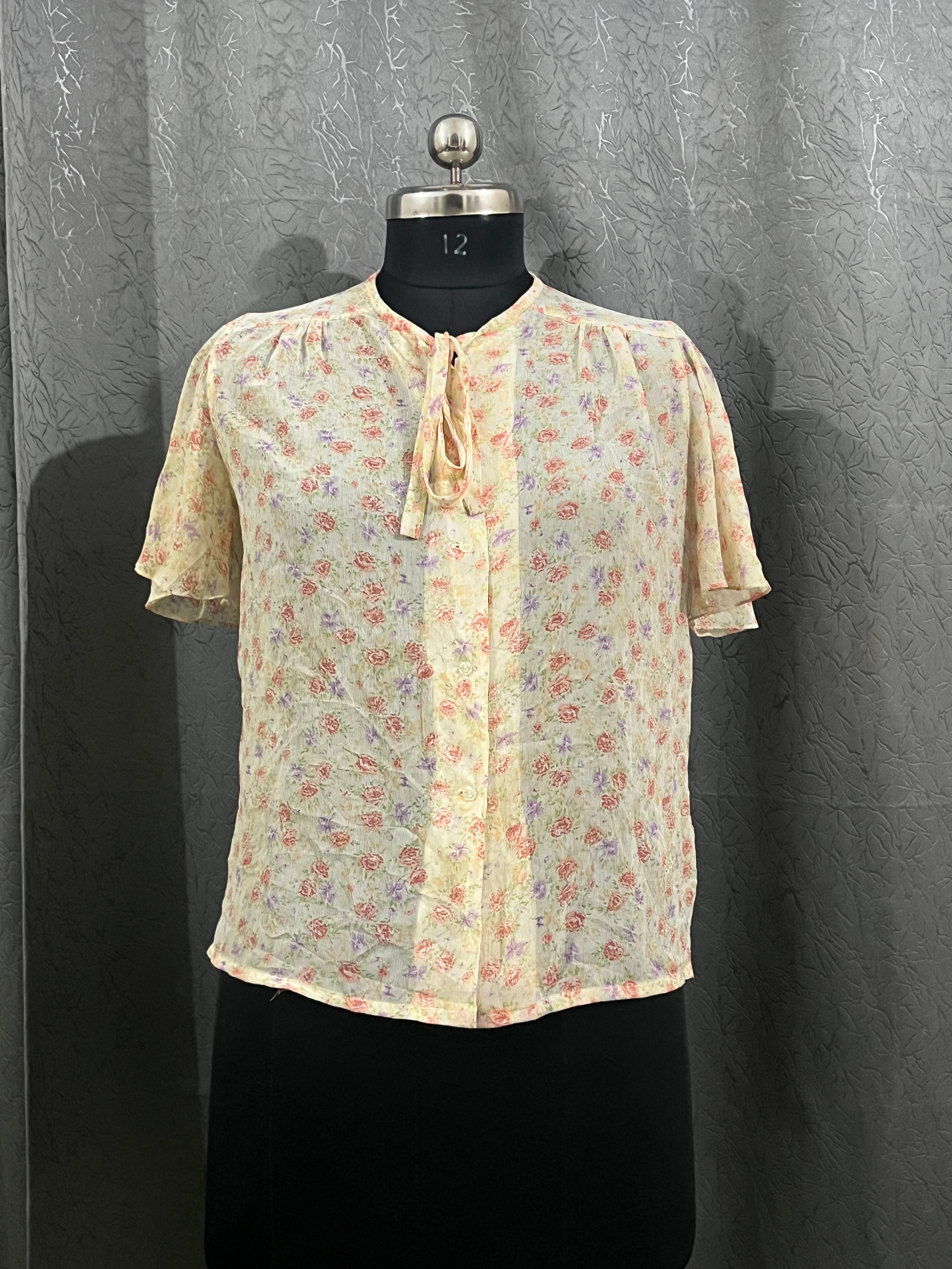 Vintage-Inspired Sheer Floral Tie-Neck Blouse