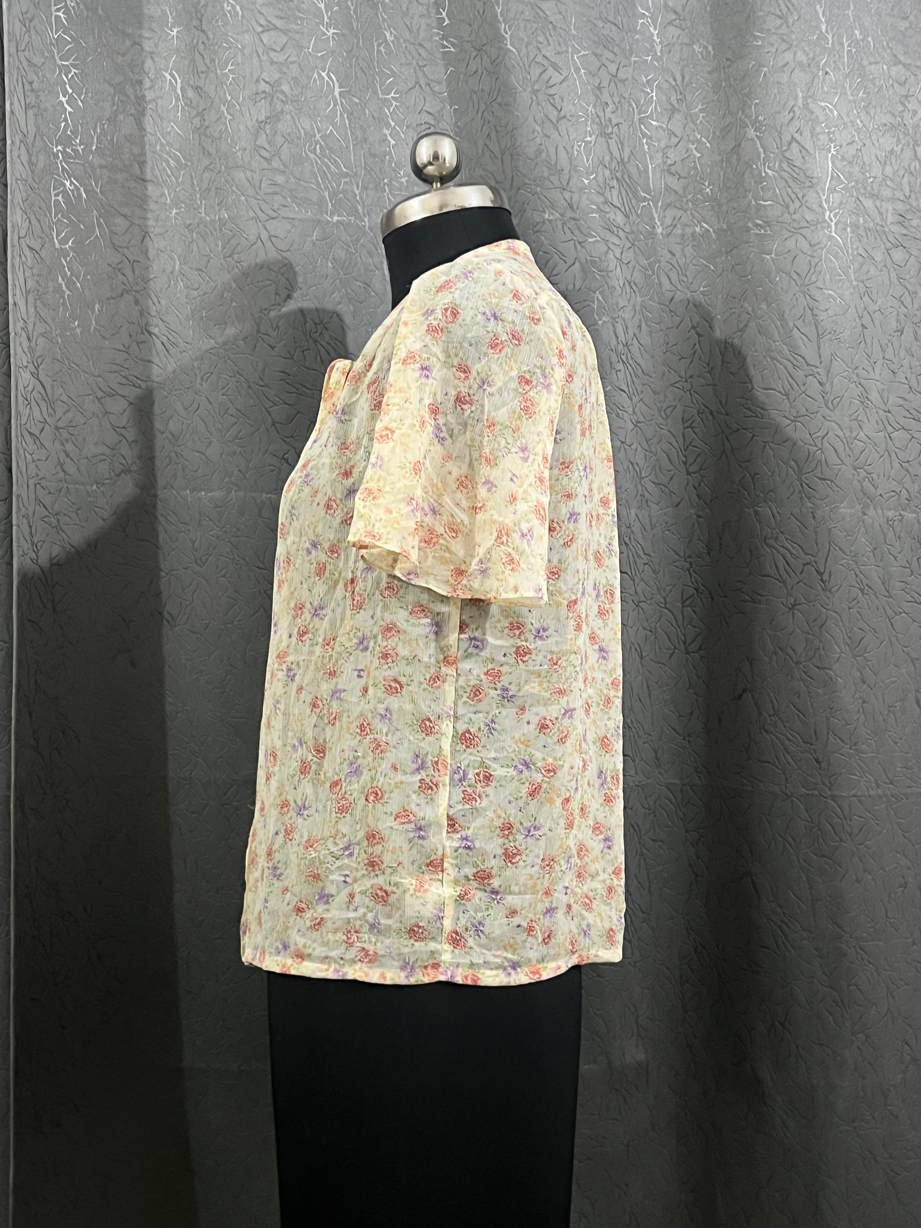 Vintage-Inspired Sheer Floral Tie-Neck Blouse