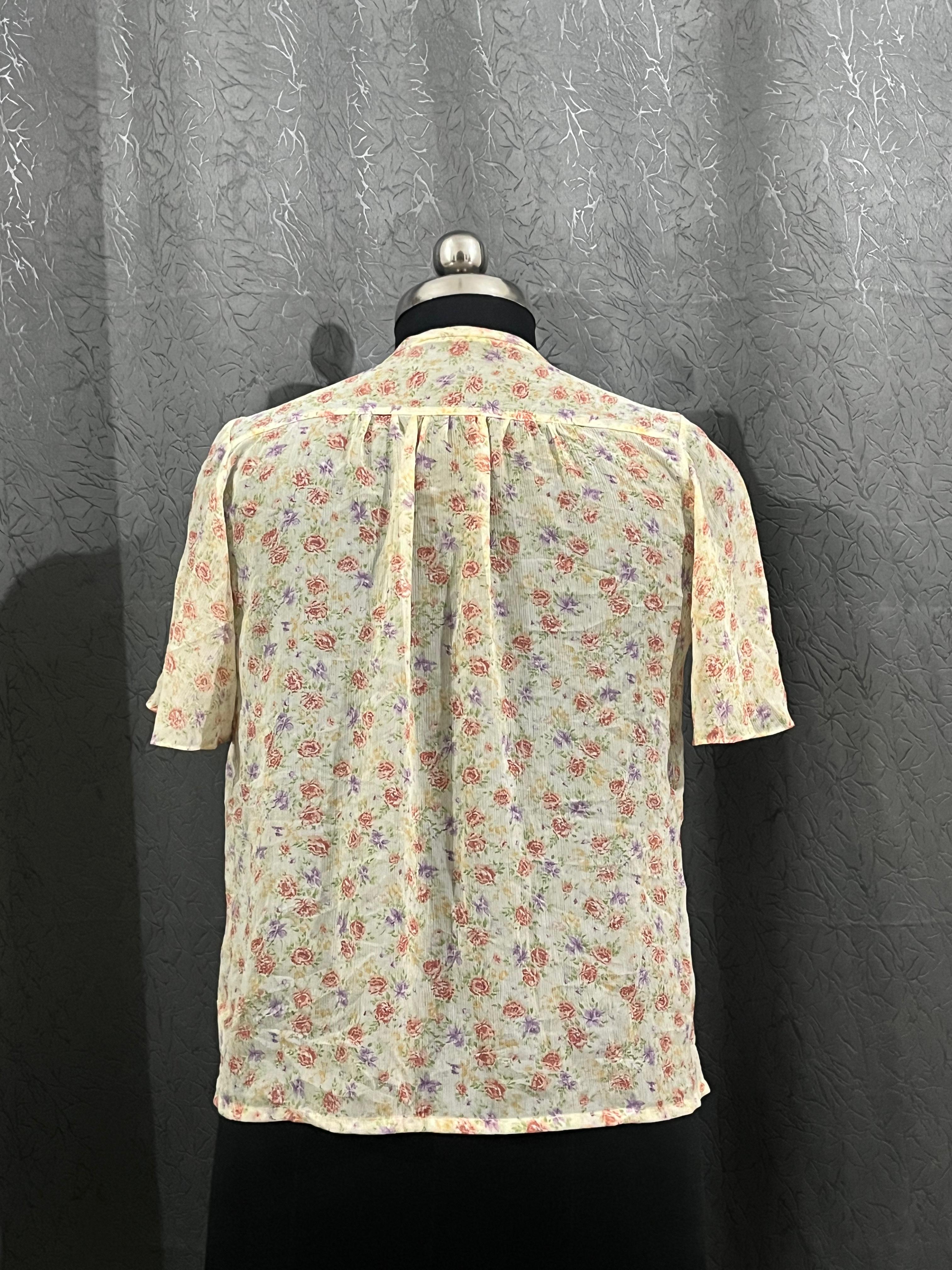Vintage-Inspired Sheer Floral Tie-Neck Blouse