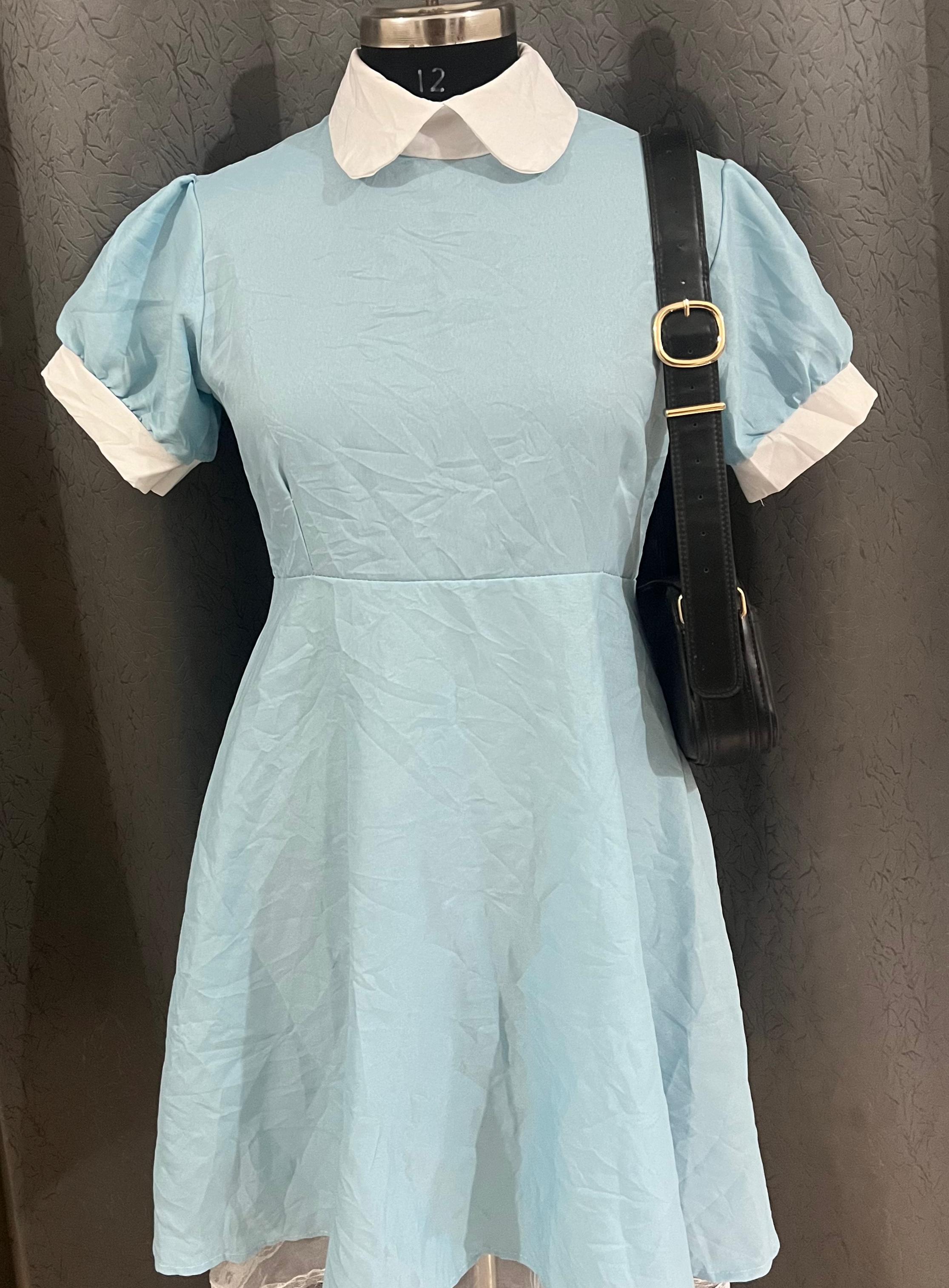 Sky Blue Vintage-Inspired Dress with White Collar & Lace Hem