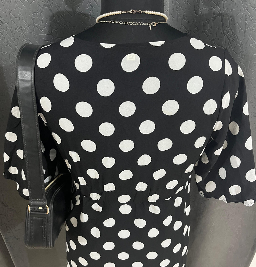 Classic Black & White Polka Dot Midi Dress – Vintage Wrap Style