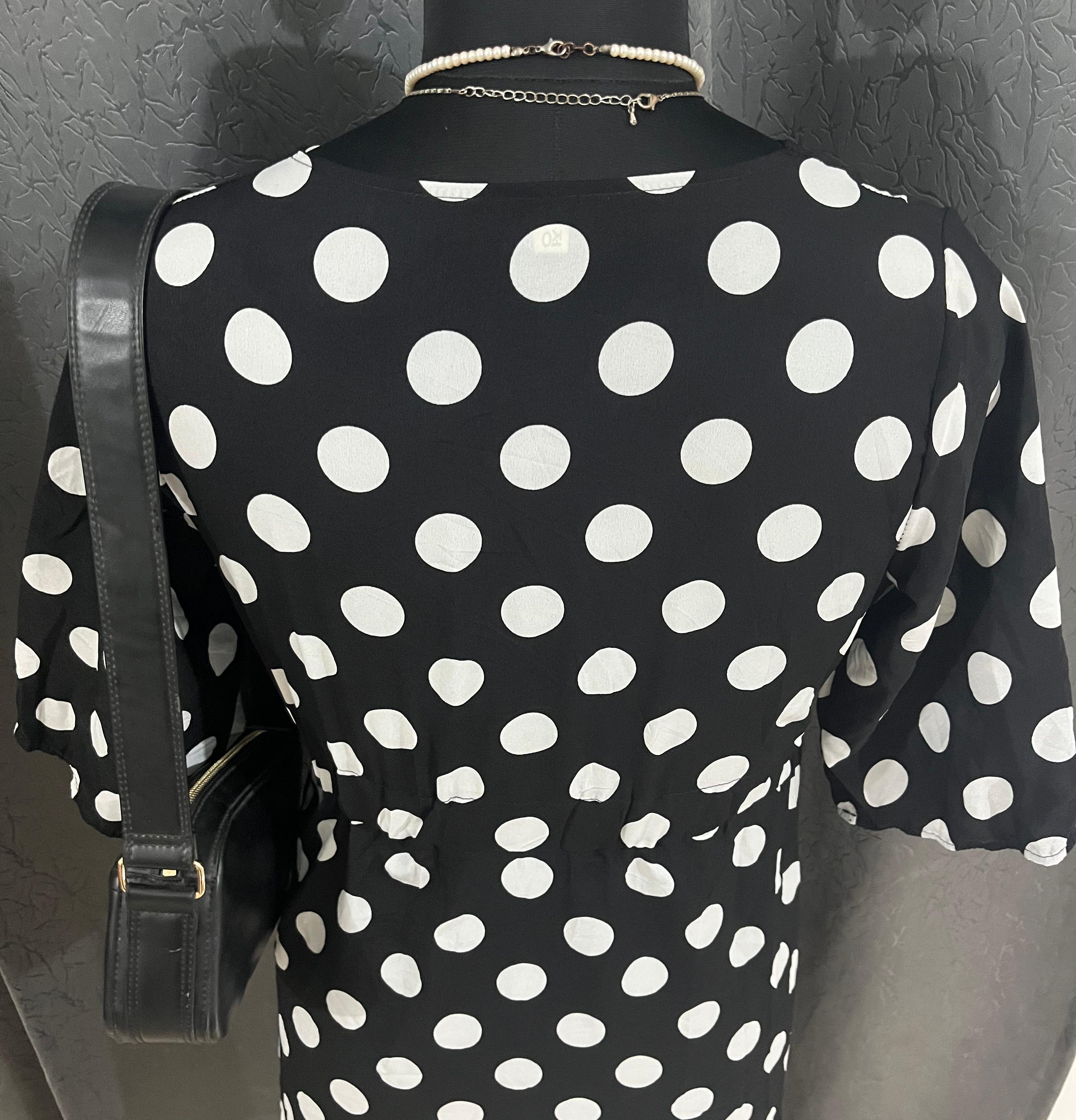 Classic Black & White Polka Dot Midi Dress – Vintage Wrap Style
