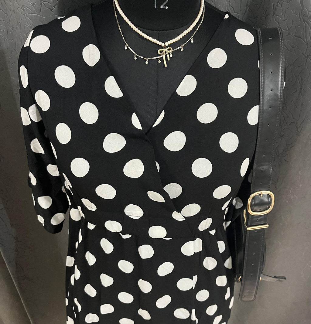 Classic Black & White Polka Dot Midi Dress – Vintage Wrap Style